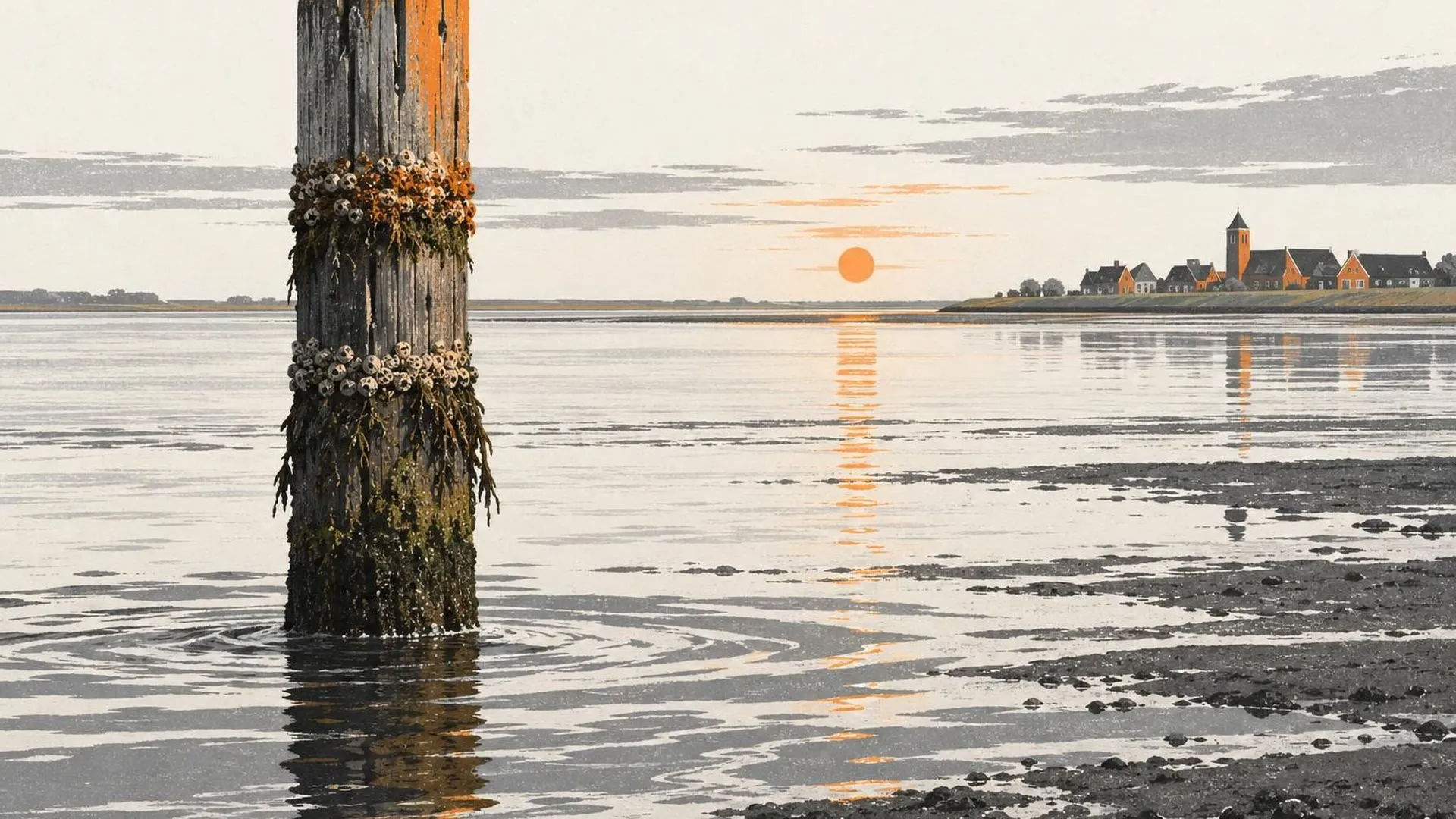 Een verweerde houten getijdenpaal in ondiep kustwater, met ringen van mosselen en algen die herhaalde hoogwaterlijnen markeren.