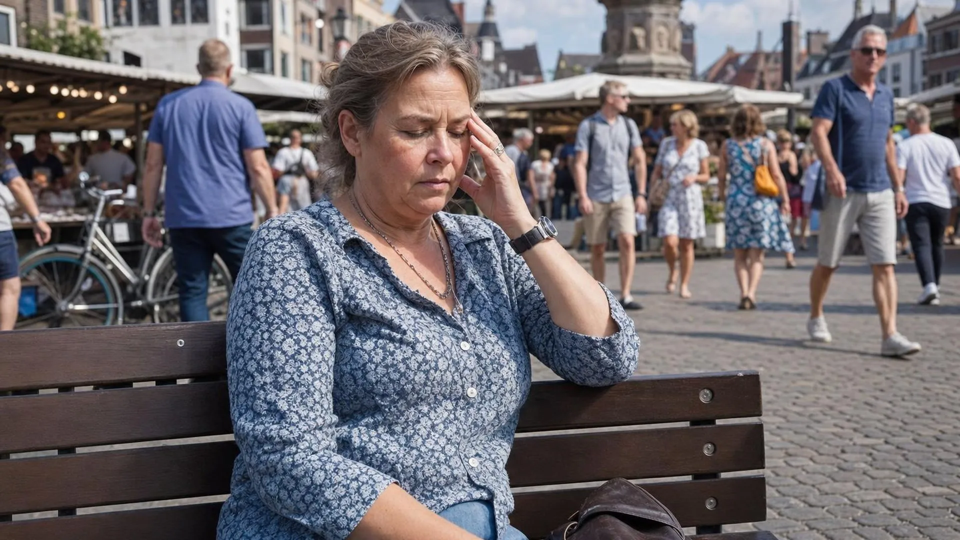 Persoon op een bankje op een druk marktplein met hand tegen het hoofd, overprikkeld
