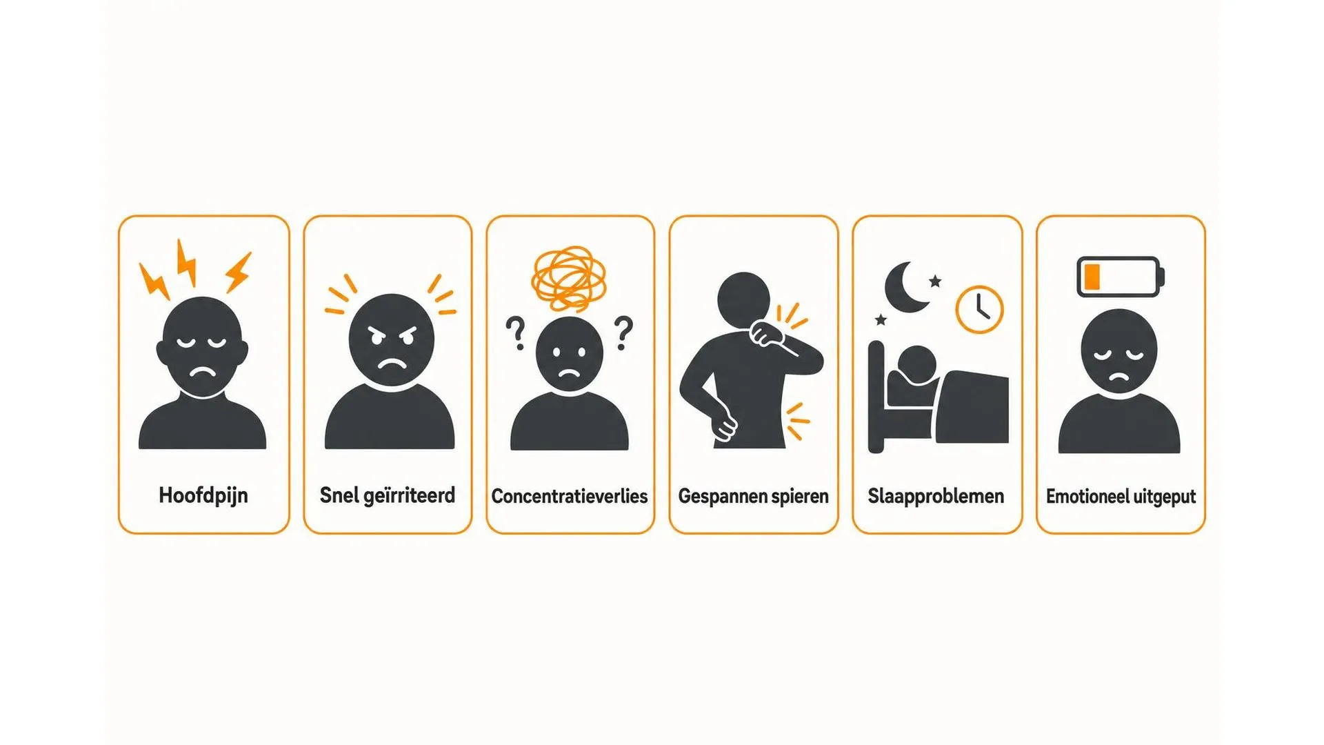 Zes veelvoorkomende symptomen van overprikkeling bij burn-out weergegeven in icoontjes