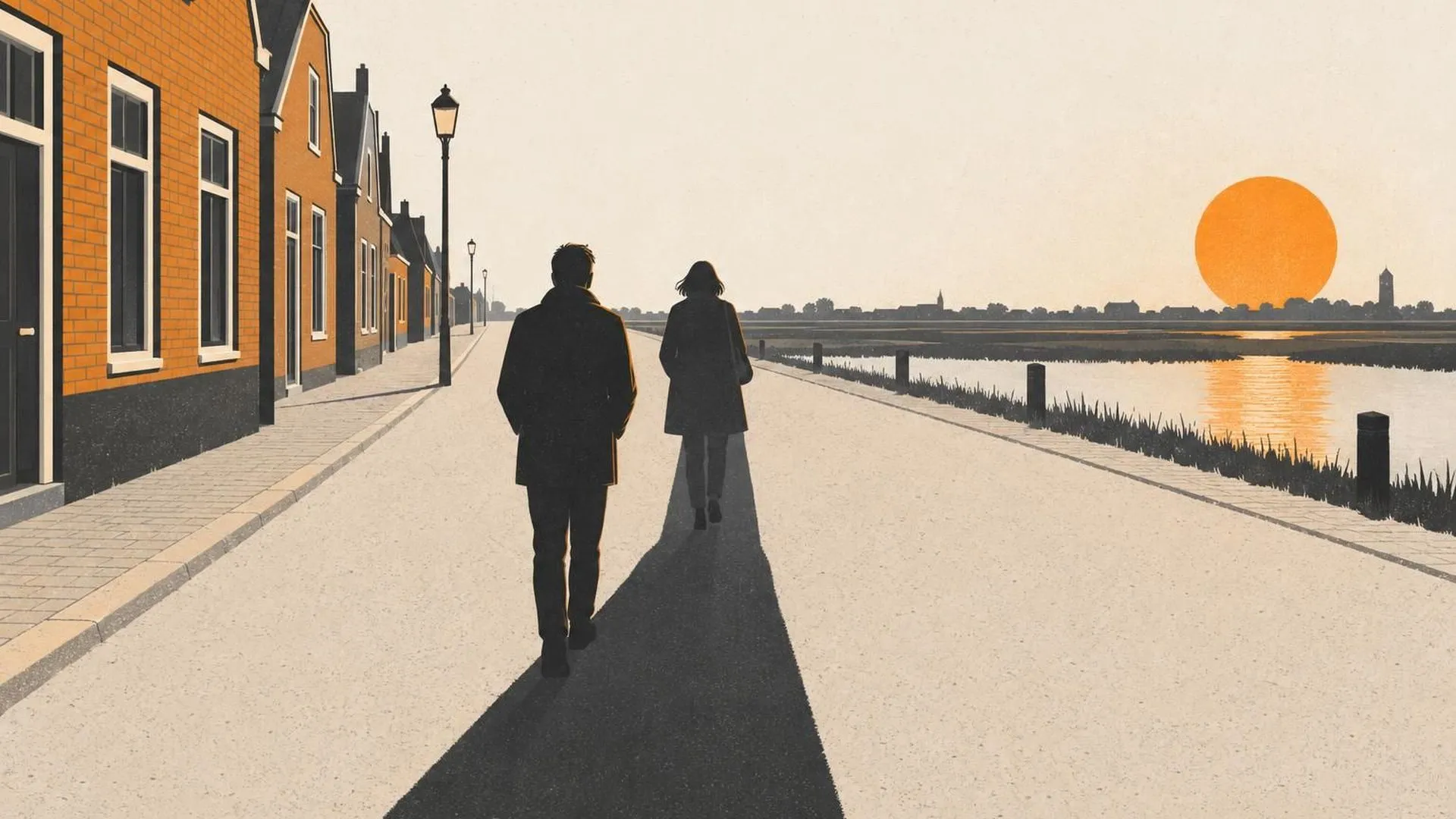 Twee figuren lopen over een lege straat in laag zonlicht, de lange schaduw van degene achteraan valt volledig over degene ervoor.