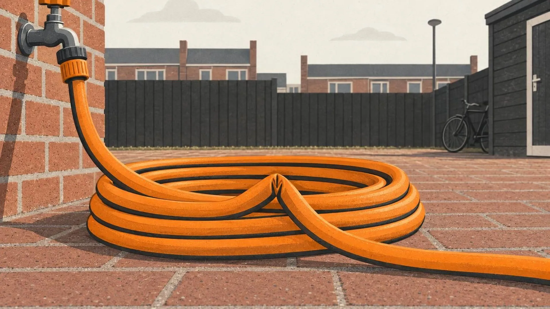 Een tuinslang ligt strak opgerold met een scherpe knik in het midden op een terras van baksteen, de doorstroom lijkt op die plek geblokkeerd.