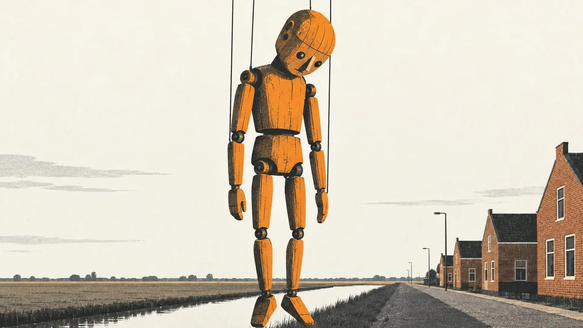 Een houten marionet die roerloos aan zijn touwtjes hangt.