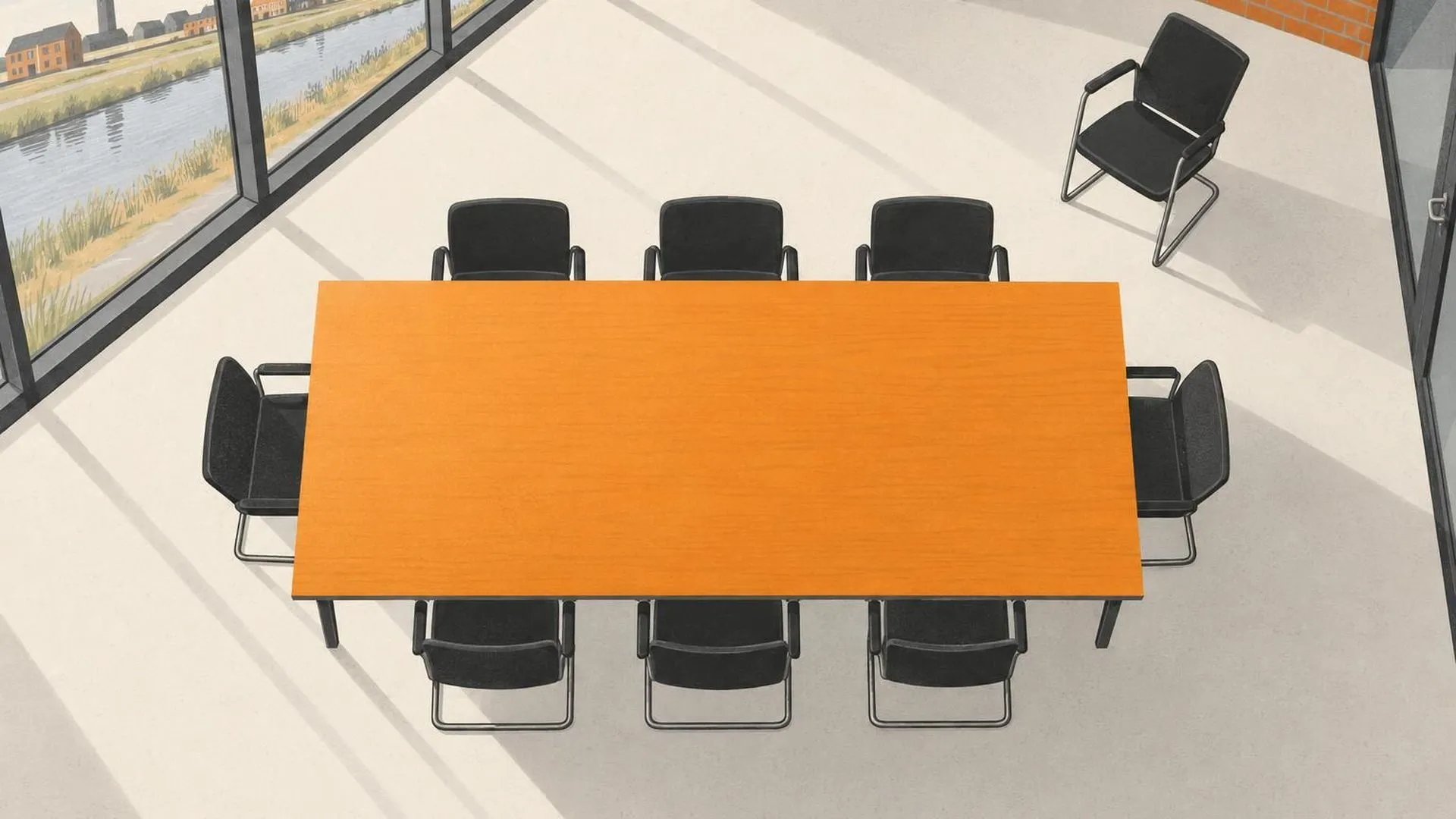 Een vergadertafel van bovenaf, één stoel ver naar achteren geschoven alsof iemand net is opgestaan.