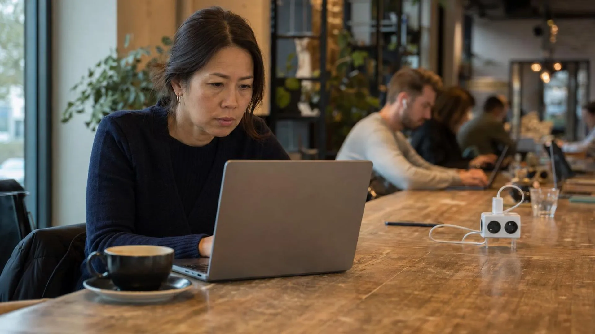 Medewerker zit afwezig voor laptop in een werkomgeving