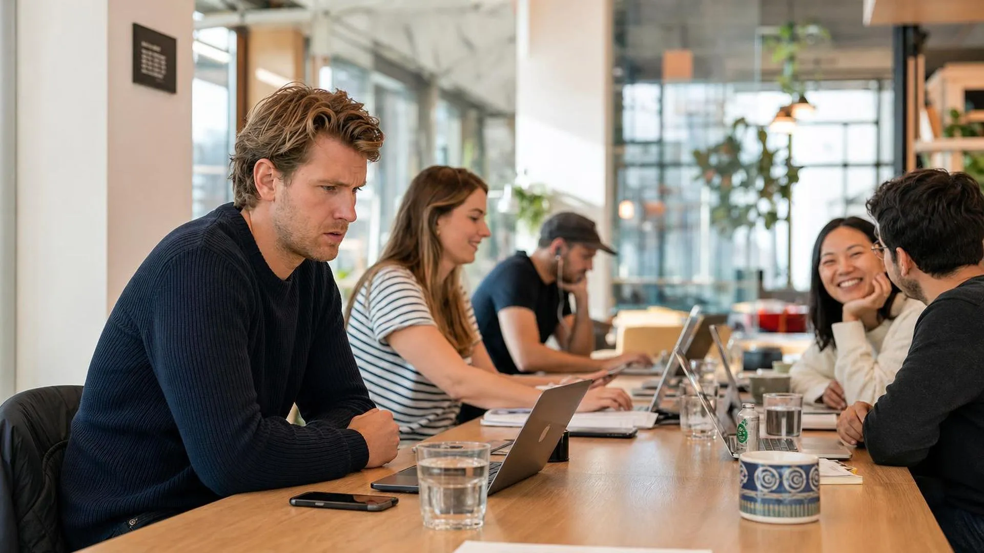 Persoon met gespannen blik aan een lange tafel terwijl anderen ontspannen zijn