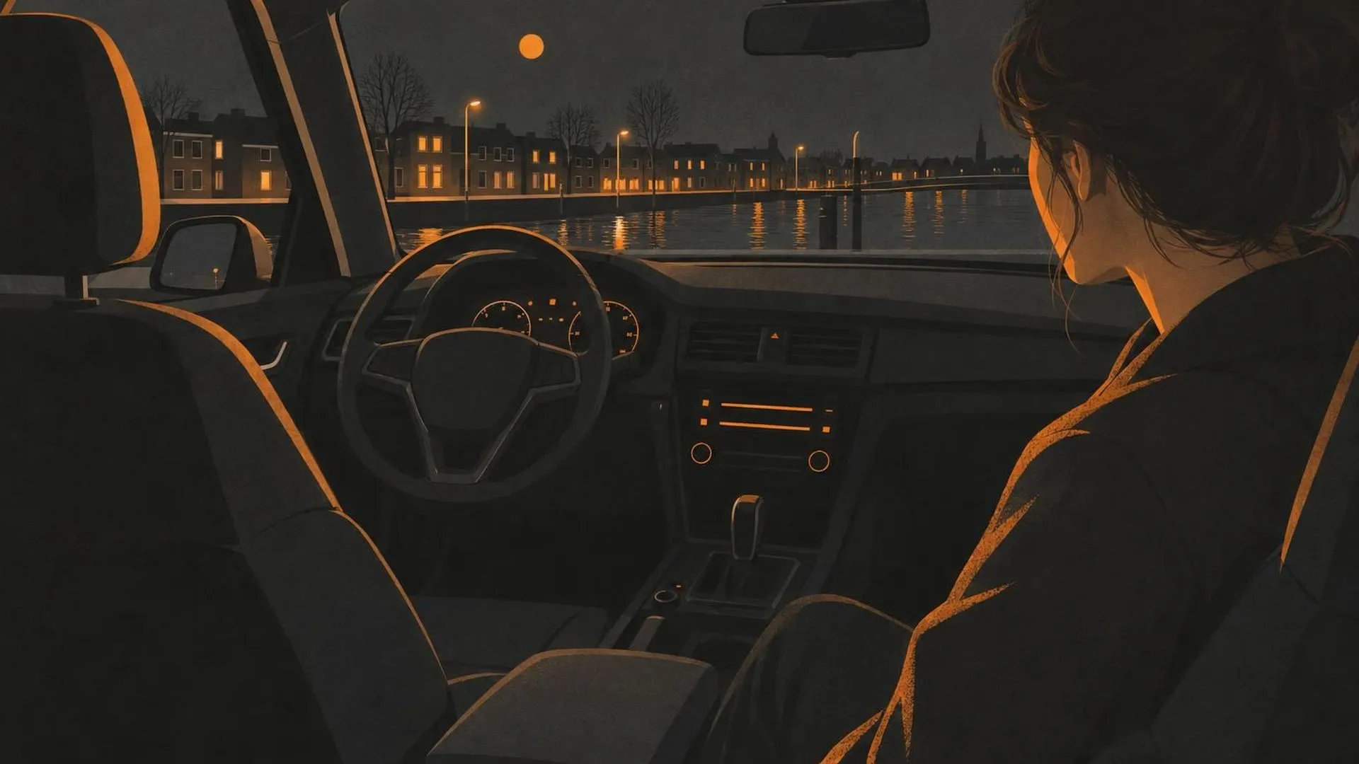 Iemand zit in de bijrijdersstoel van een geparkeerde auto en kijkt naar de lege bestuurdersstoel ervoor.