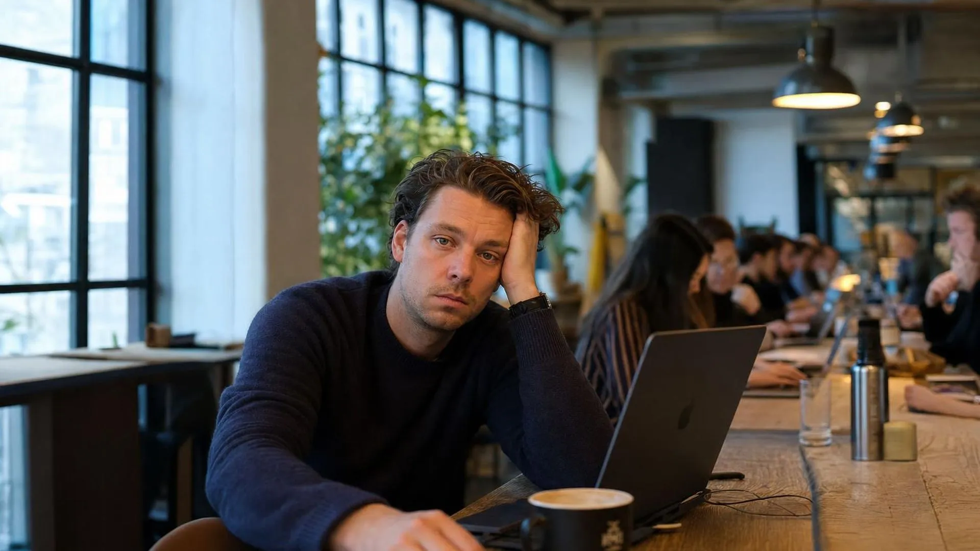 Persoon zit vermoeid aan een tafel in een koffiebar, hand op tafel