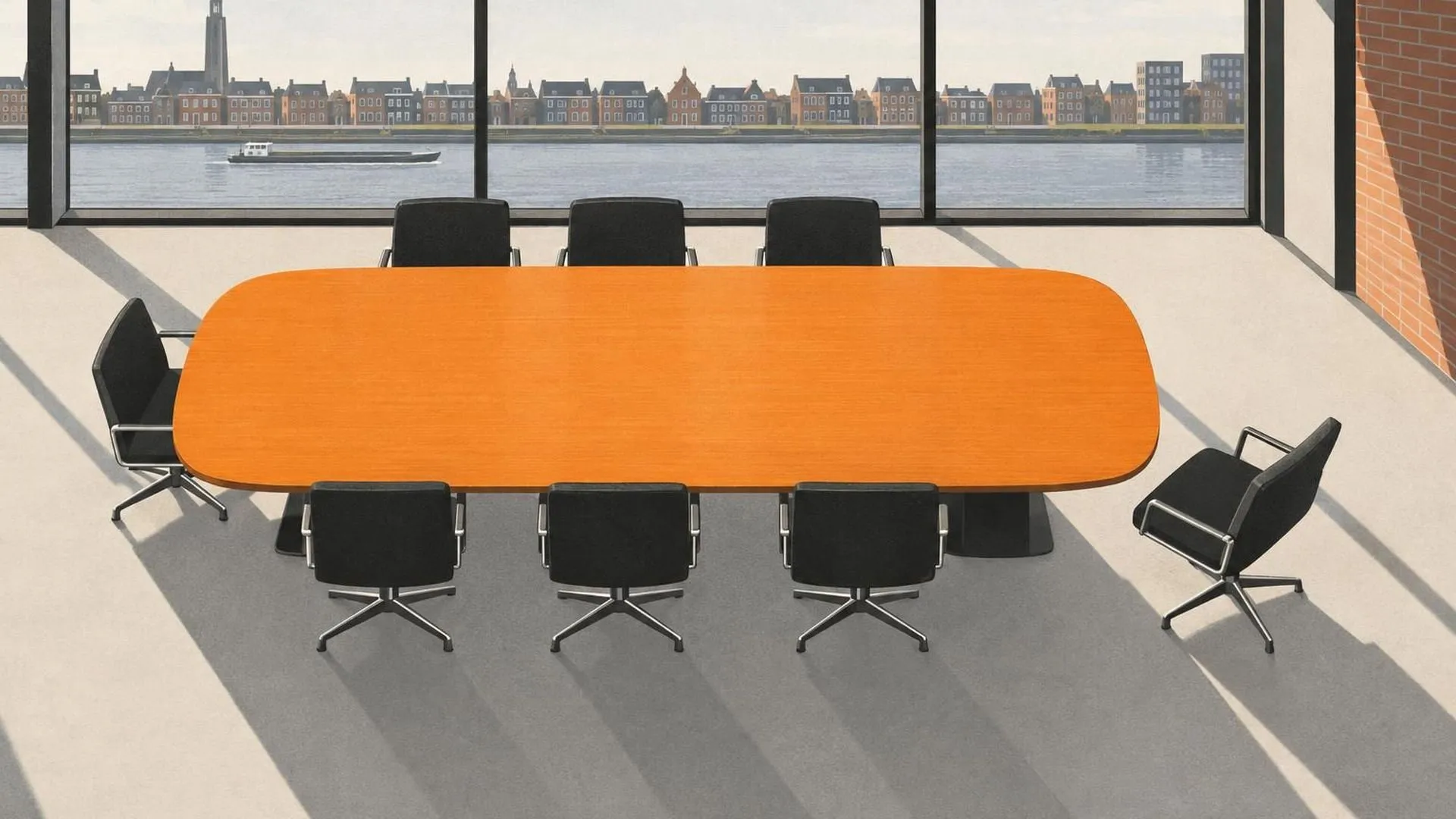 Bovenaanzicht van een vergadertafel met keurig aangeschoven stoelen, op één stoel na die schuin uitgetrokken staat.