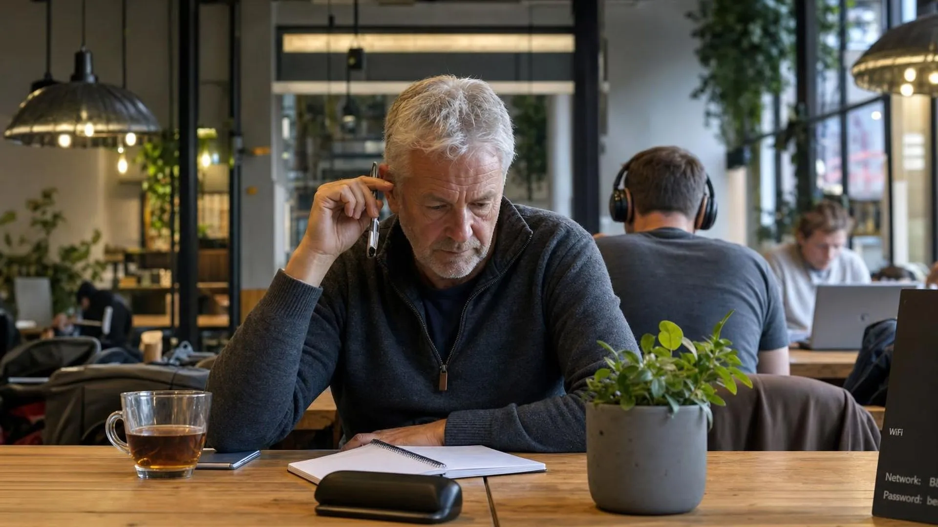 Persoon die peinzend naar een notitieboek staart in een werkcafé