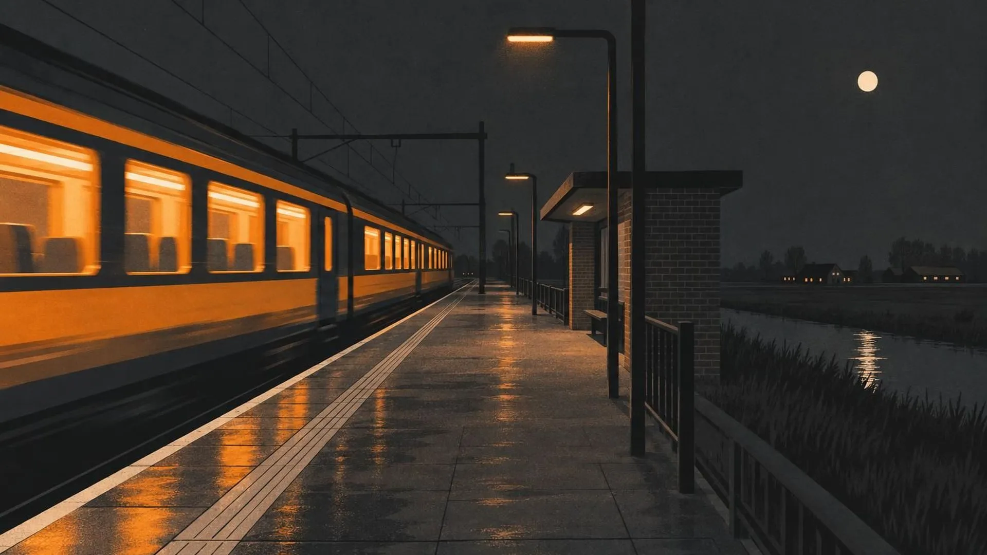 Een verlichte trein rijdt 's nachts dwars door een verlaten, donker perron zonder te stoppen.