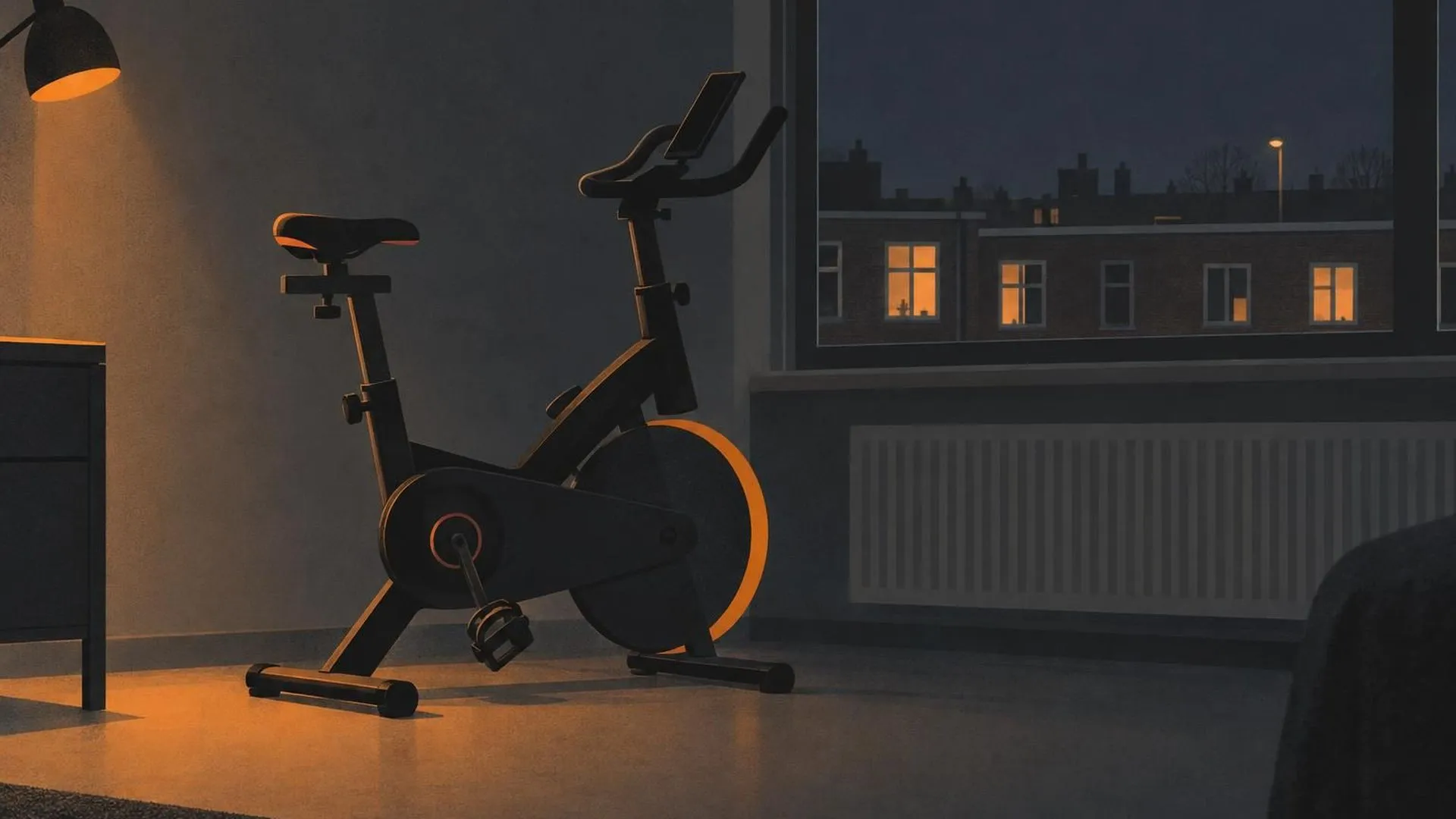 Een hometrainer staat alleen en stil in een donkere kamer bij nacht, één pedaal hangt schuin alsof hij net is gestopt.