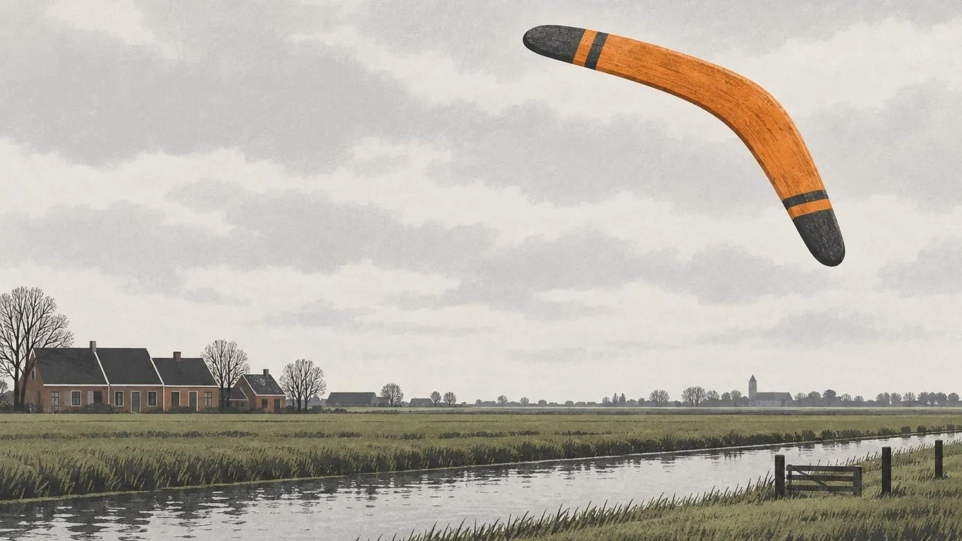 Een houten boemerang die middenin zijn vlucht tegen een grijze lucht terugbuigt naar waar hij vandaan kwam.