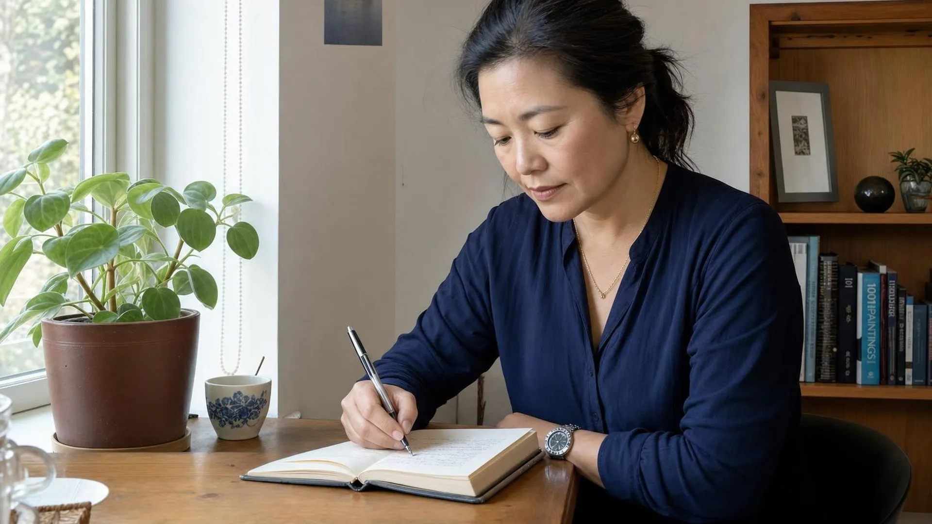 Persoon schrijft in notitieboekje bij raam als manier om stress te verminderen