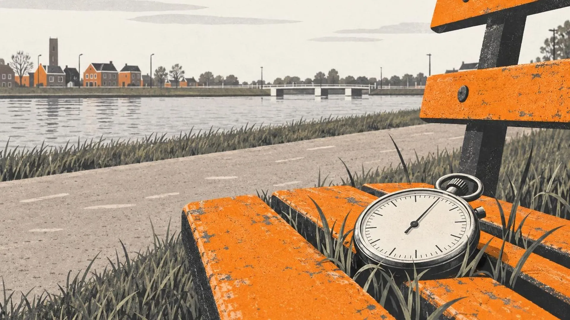 Een stopwatch die vergeten op een parkbankje ligt, met gras dat al om de randen groeit.