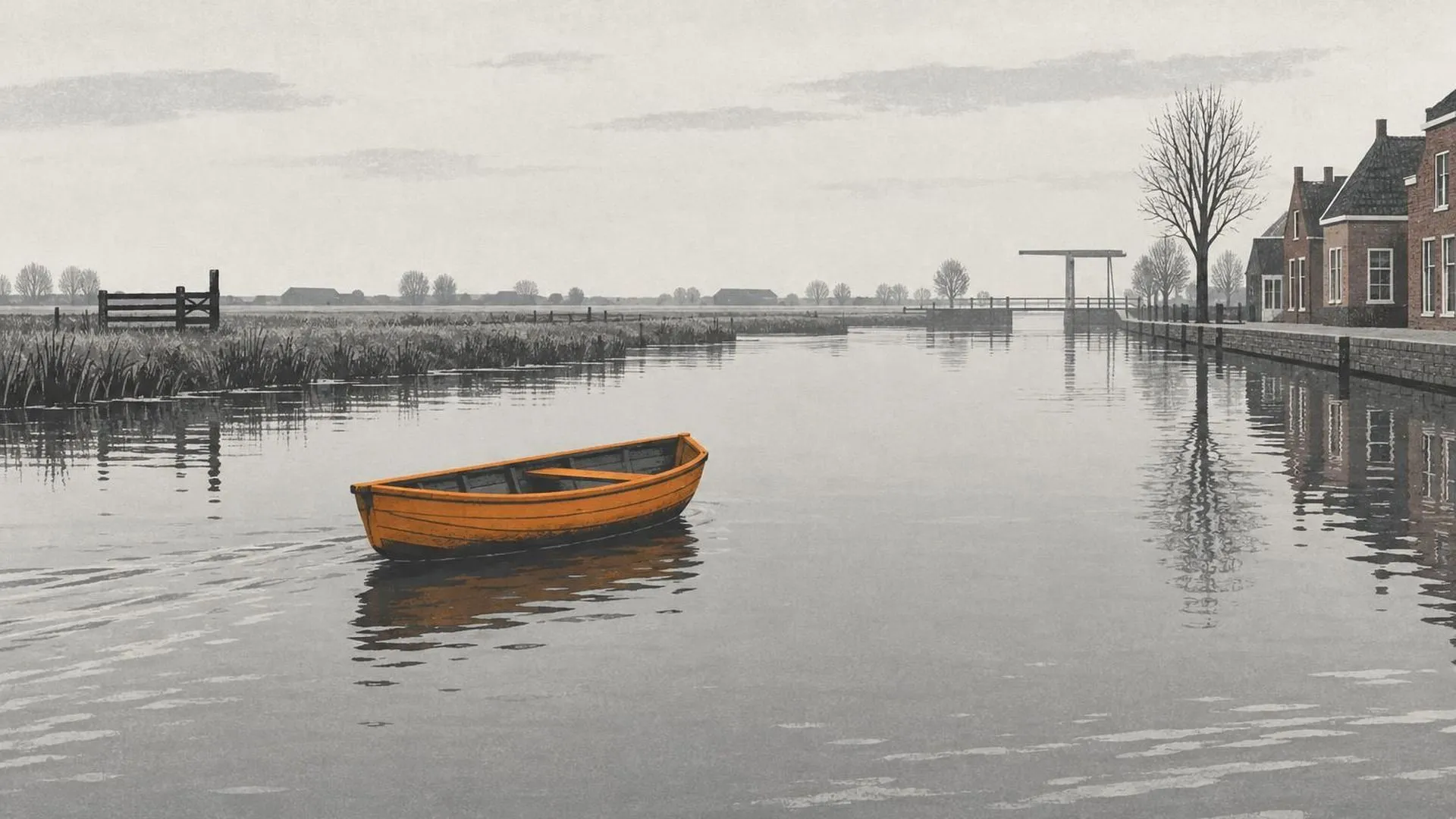 Een klein roeibootje zonder riemen dat op een stille, grijze gracht alleen met de stroom meedrijft.