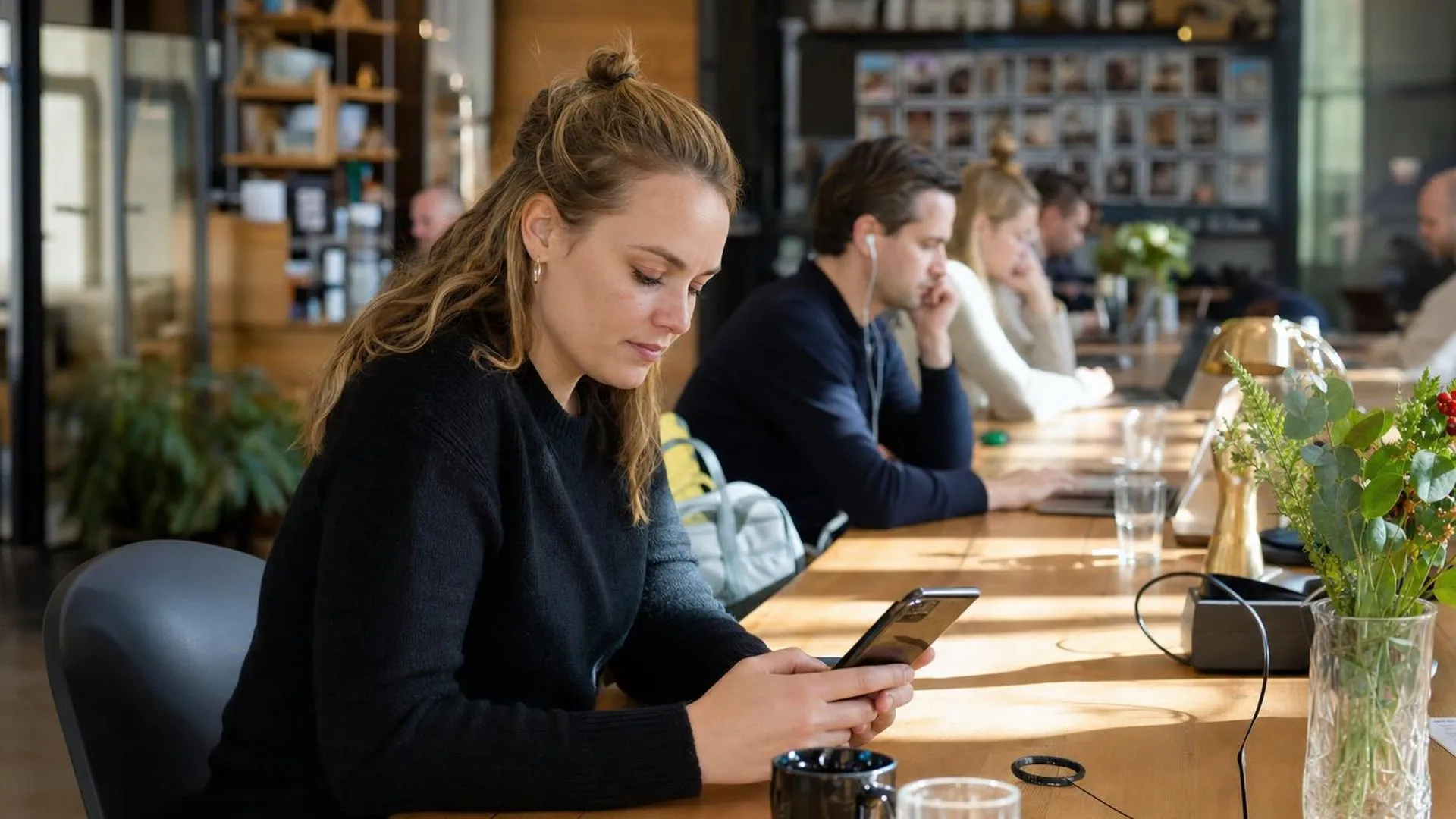 Collega's die zwijgend naast elkaar werken aan een lange tafel
