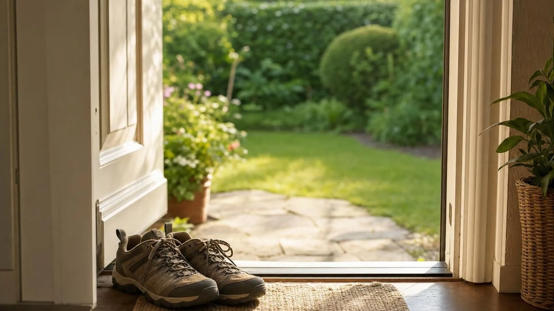 Wandelschoenen bij een open achterdeur met uitzicht op een groene tuin in ochtendlicht