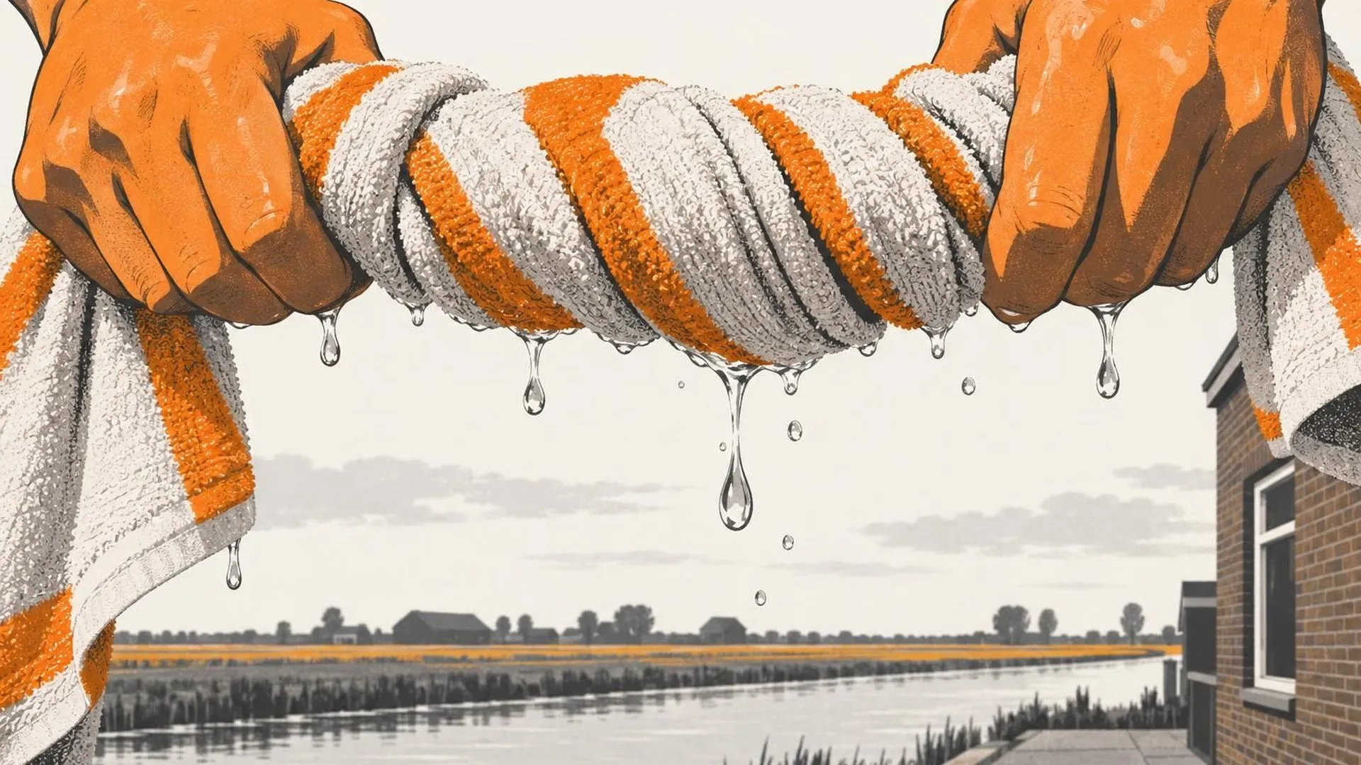 Een extreme close-up van een natte handdoek die tot een strakke spiraal is uitgewrongen, met waterdruppels die halverwege het druppelen aan de stof hangen.
