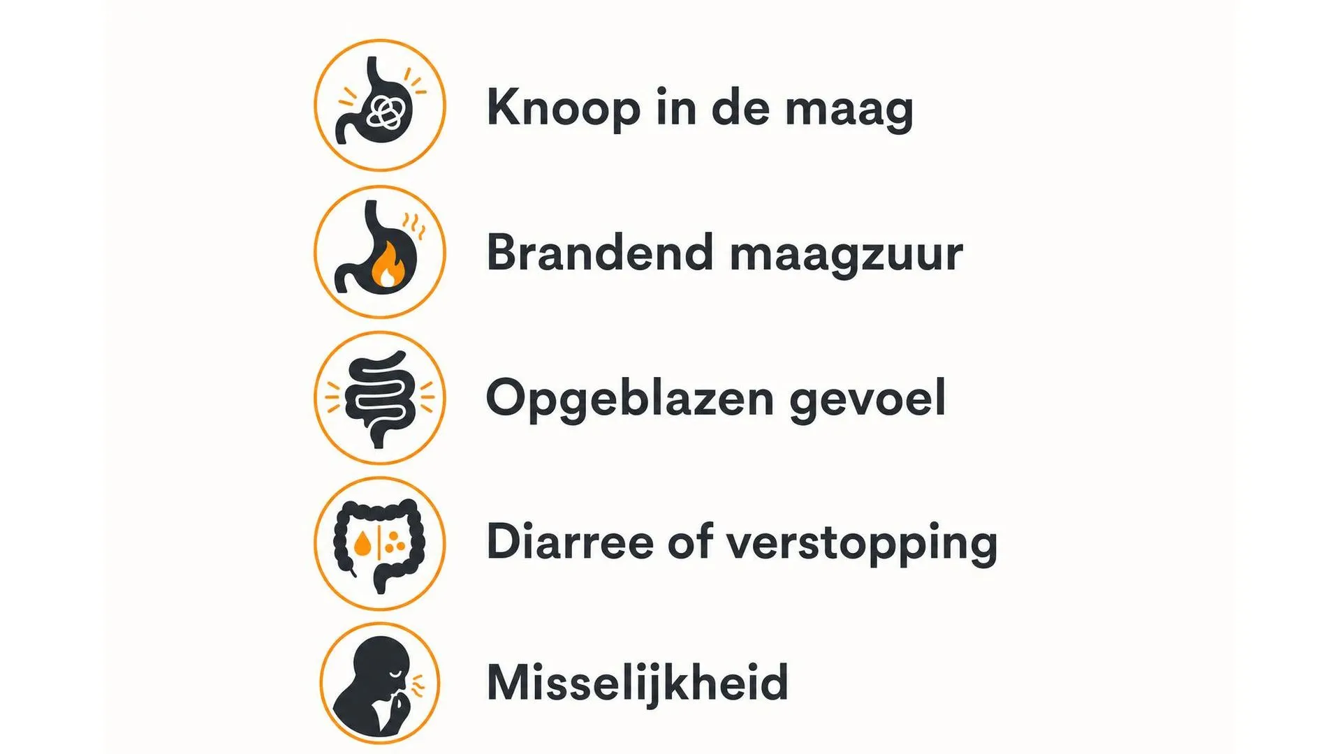Vijf veelvoorkomende buikklachten veroorzaakt door stress: knoop in de maag, brandend maagzuur, opgeblazen gevoel, diarree of verstopping, misselijkheid