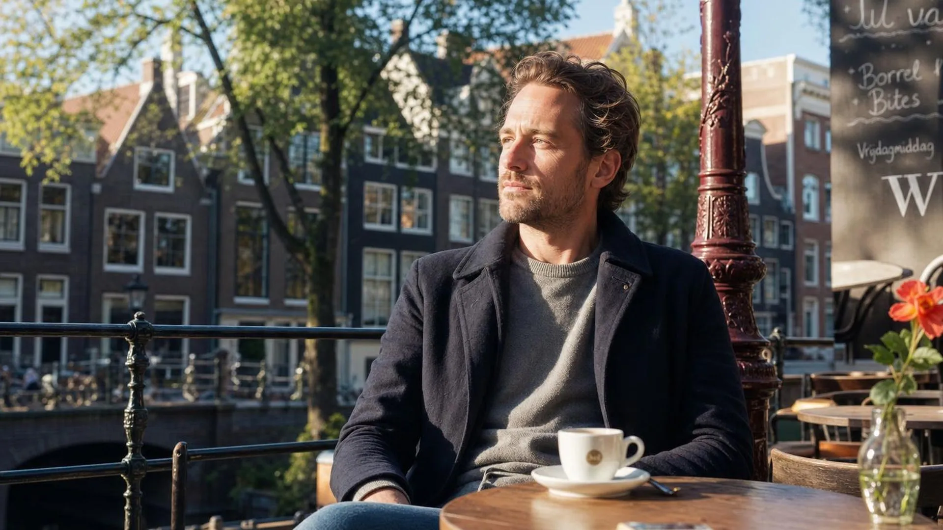 Persoon op terras met koffie, in gedachten verzonken