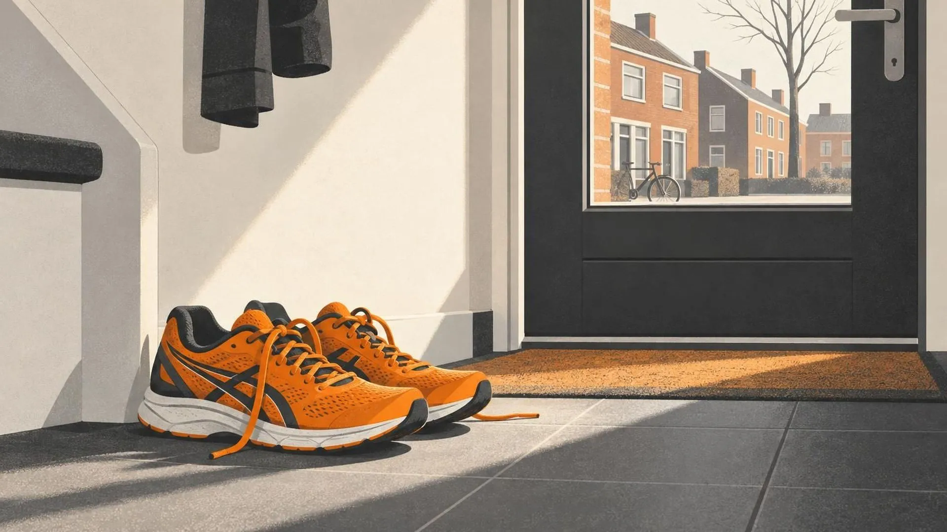 Hardloopschoenen die klaarstaan bij de voordeur, veters nog losjes geknoopt, ochtendlicht in de gang.