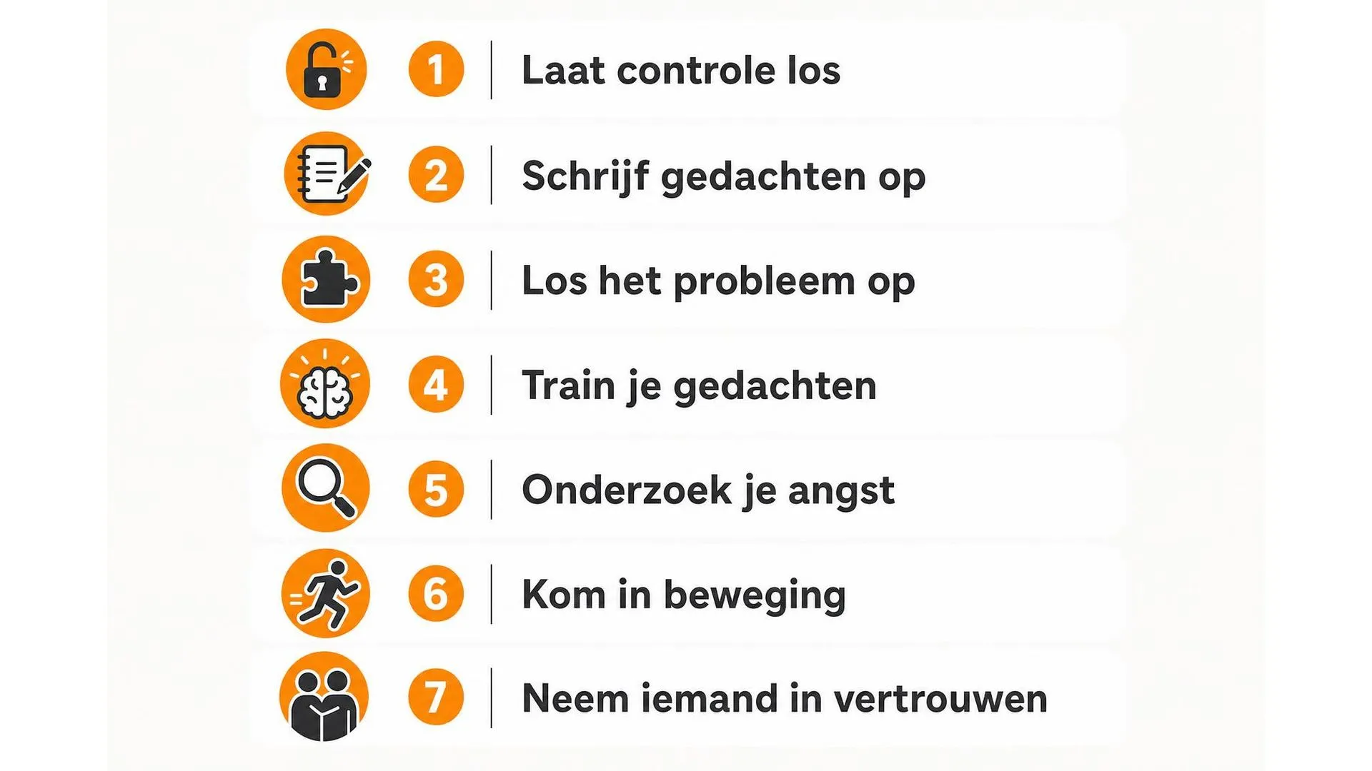 Zeven tips om te stoppen met piekeren, als icoonlijst weergegeven