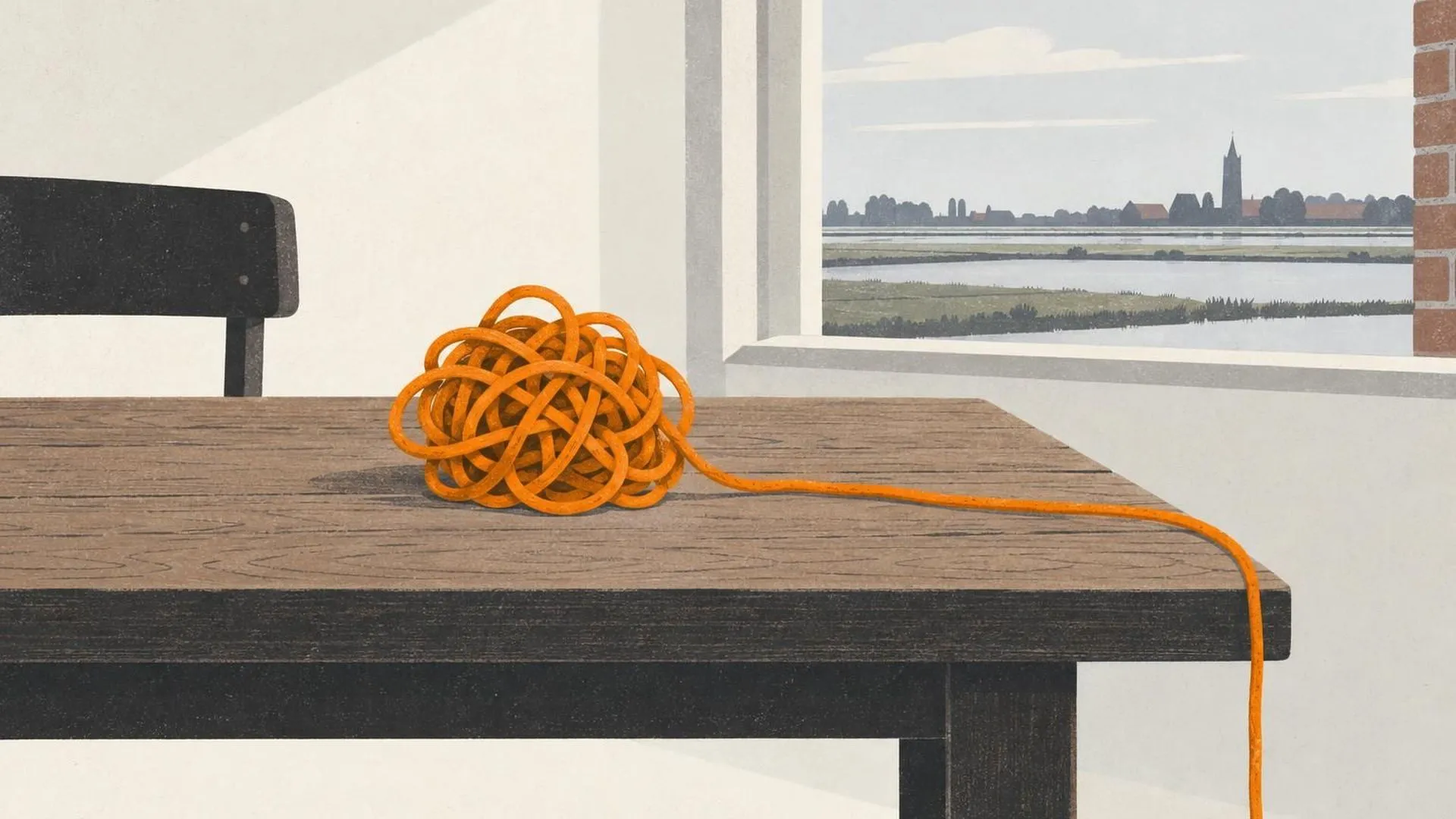 Eén draad wol ligt verward in een dichte knoop op een verder lege houten tafel, met één los uiteinde dat over de rand hangt.