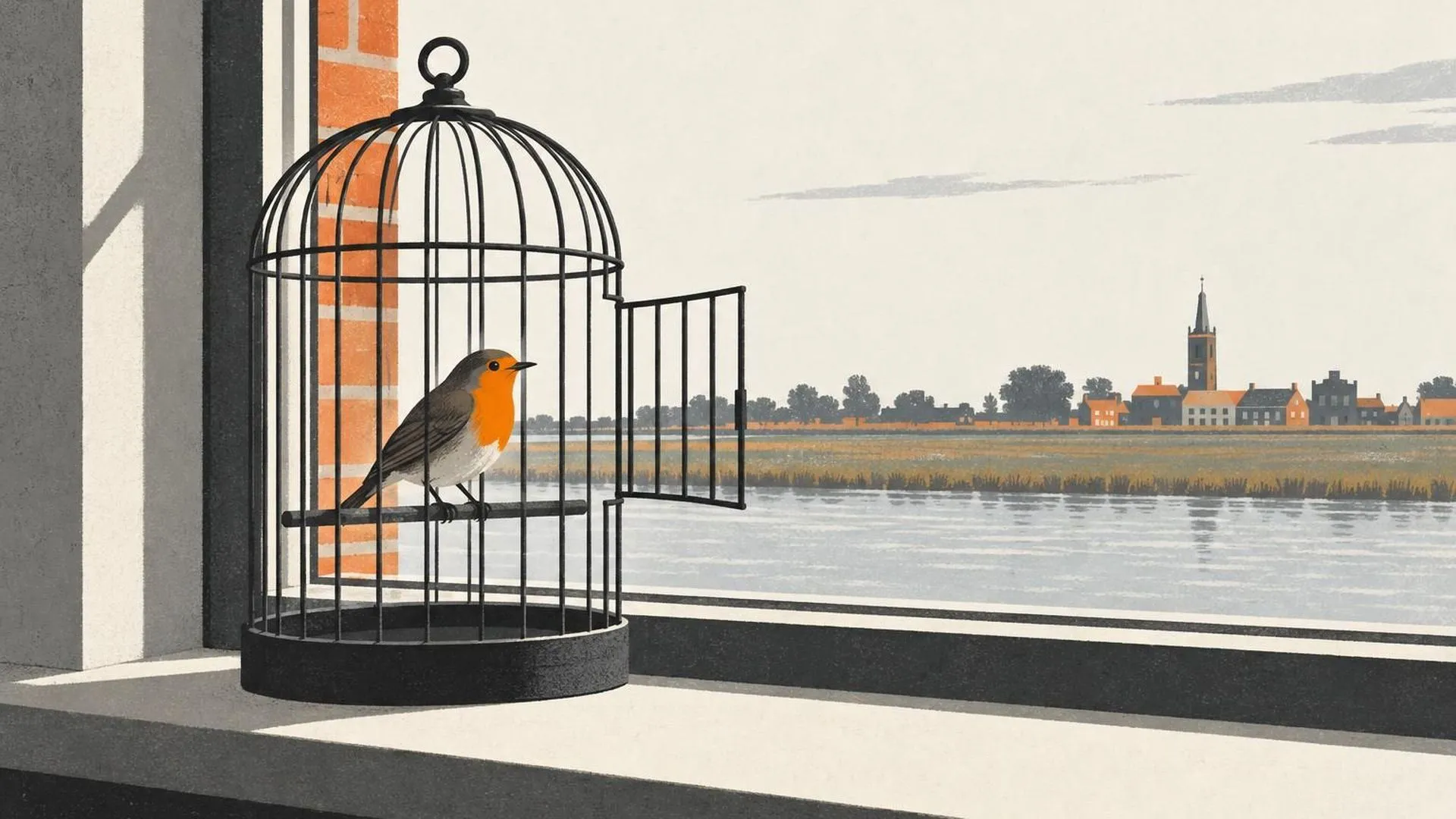 Een vogelkooi met een wijd openstaand deurtje, terwijl het vogeltje toch binnen blijft zitten.