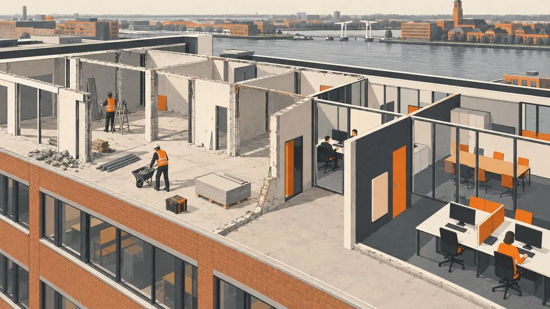 Een luchtfoto toont een kantoorverdieping die half verbouwd is, de ene helft van de binnenwanden is weg en toont kale ruimtes naast nog ingerichte kamers.