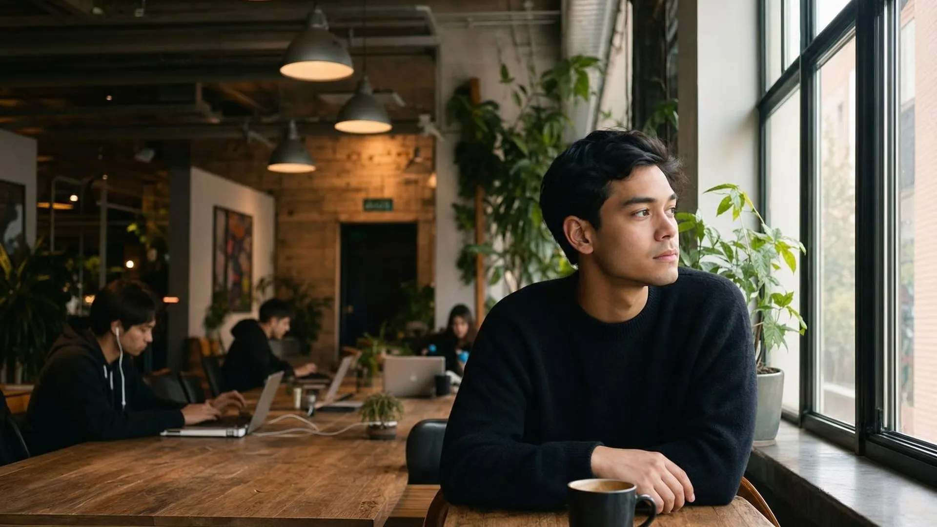 Persoon zit met koffie aan een werktafel en kijkt afwezig naar buiten
