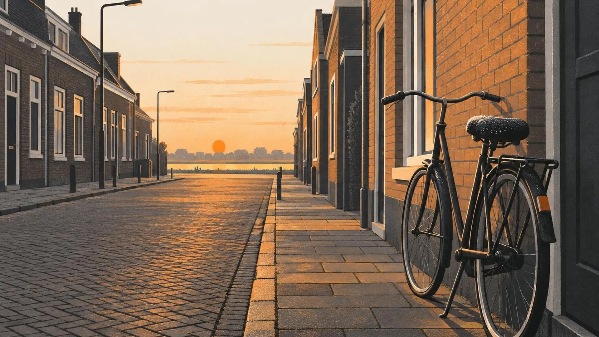 Een vroege ochtend in een Nederlandse woonstraat, leeg op één fiets na die tegen een muur leunt met dauw op het zadel.