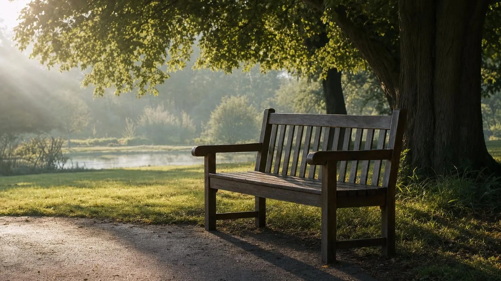 Een lege houten bank in een stil park in zacht ochtendlicht