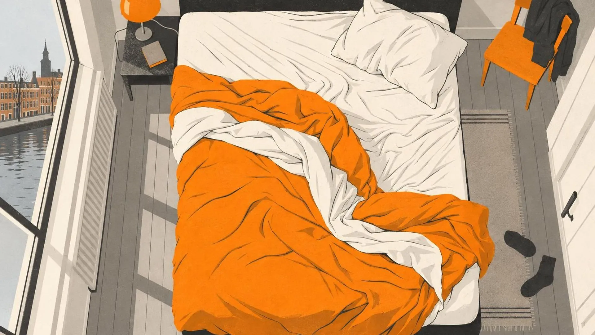 Bovenaanzicht van een onopgemaakt bed met de lakens verdraaid en verschoven over het matras, het kussen naar één kant geduwd.