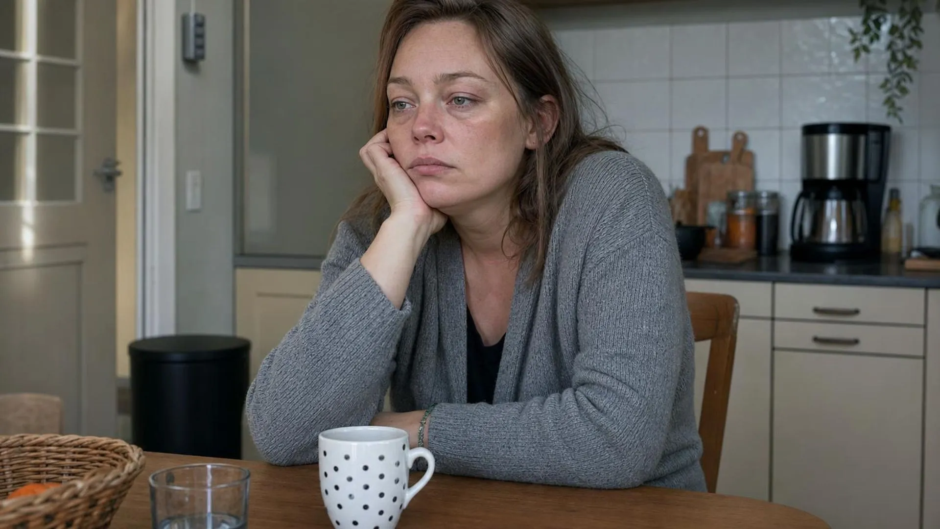 Uitgeputte vrouw aan keukentafel, mogelijk door vitamine B12 tekort of stress