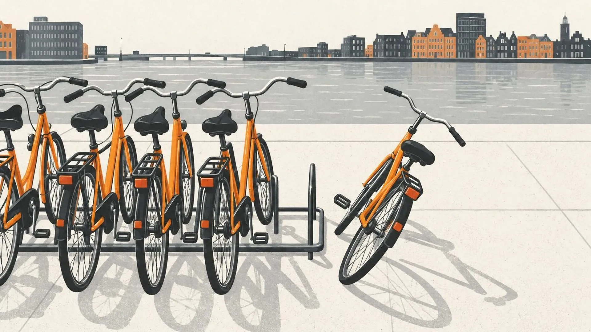 Een luchtfoto toont een rij fietsen die tegen elkaar aan leunen in een fietsenrek, rechtop en dicht tegen elkaar, op één fiets na die er los van staat en dreigt om te vallen.