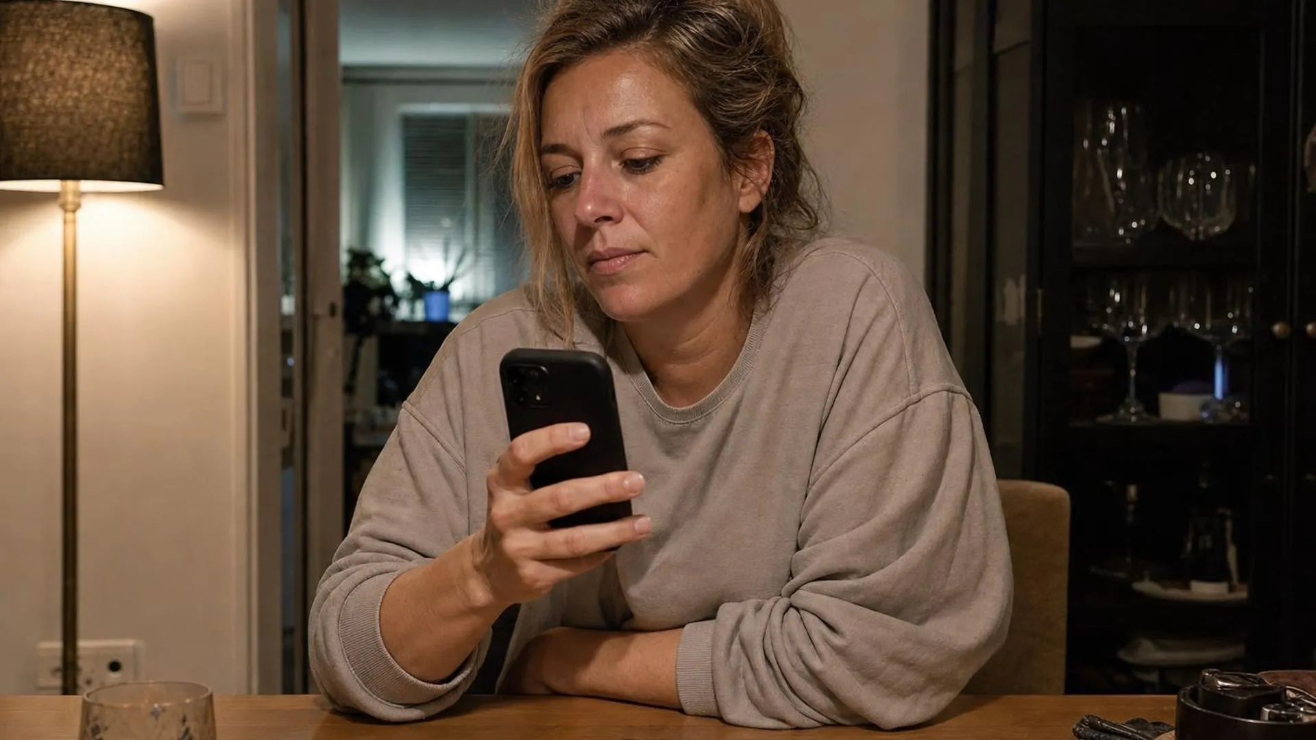 Persoon zit aan tafel en kijkt teleurgesteld naar een telefoon zonder berichten