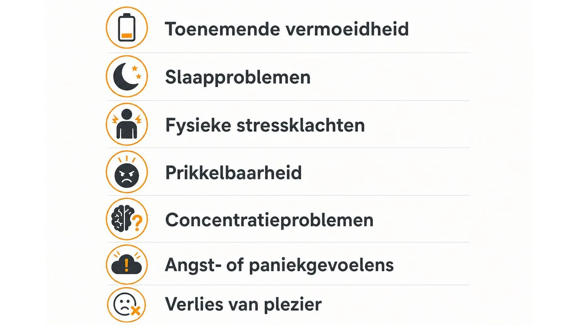 Zeven waarschuwingssignalen van een terugval bij burn-out weergegeven in een lijst met icoontjes