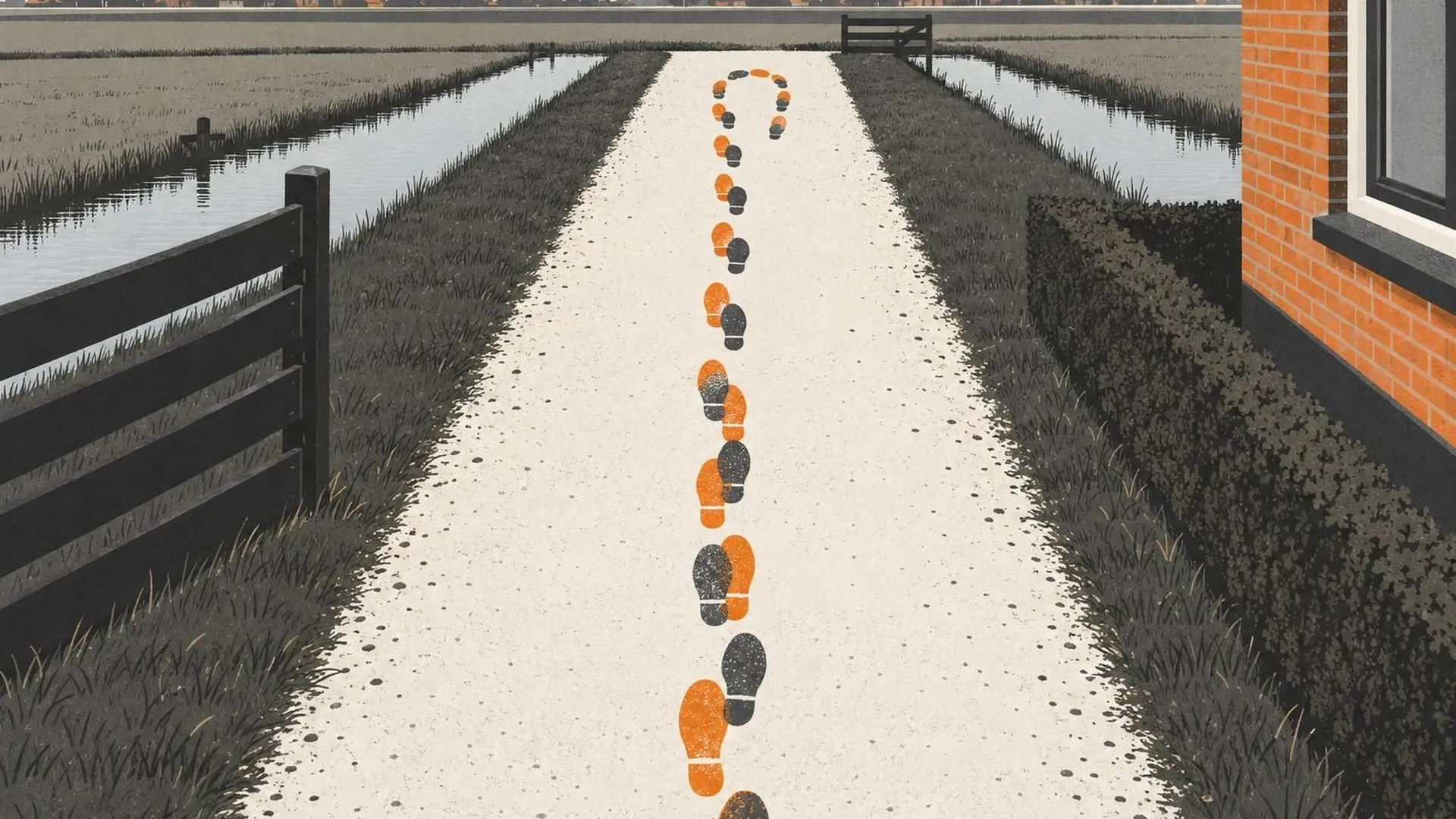 Een tuinpad van bovenaf met voetstappen die voorwaarts lopen en dan weer terugkeren over hetzelfde stuk.