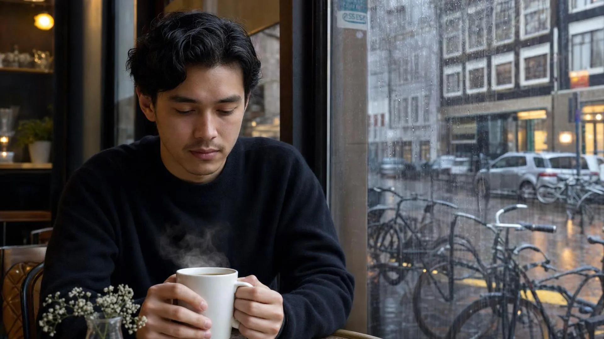 Persoon zit stil bij een kop koffie en kijkt peinzend naar buiten