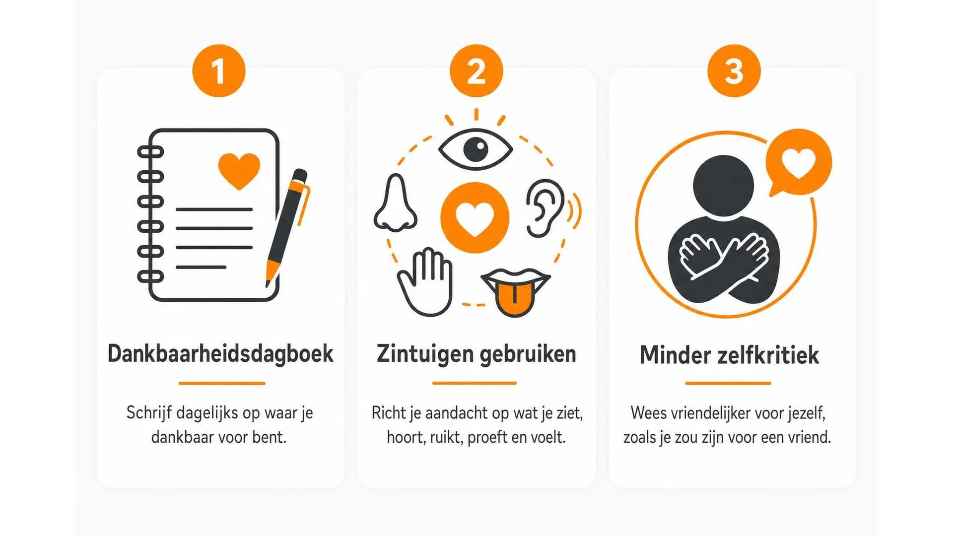 Drie stappen om tevredener te worden: dankbaarheidsdagboek, zintuigen gebruiken en minder zelfkritiek
