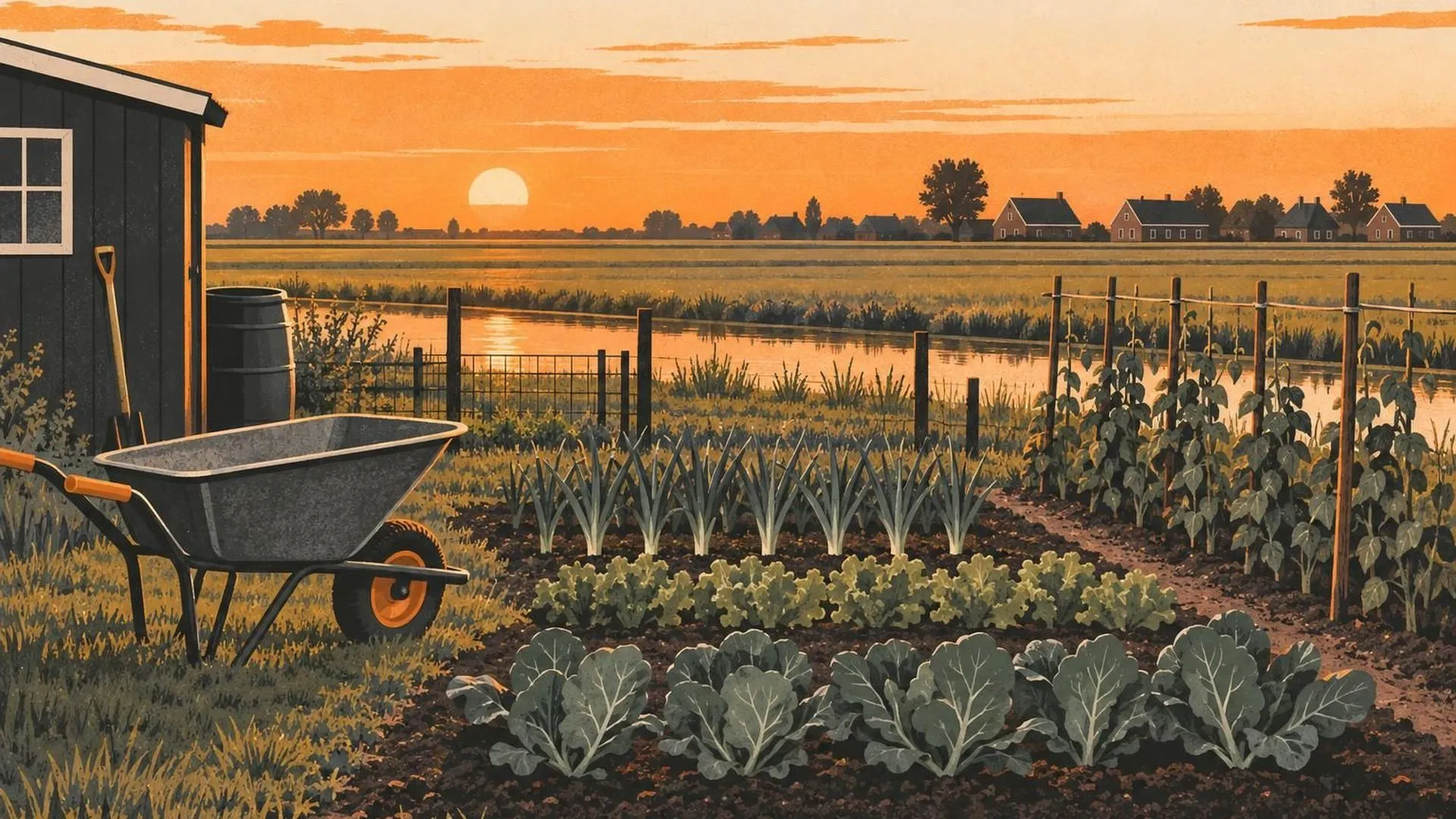 Een Nederlandse volkstuin in gouden avondlicht, met een kruiwagen naast verzorgde groentebedden.