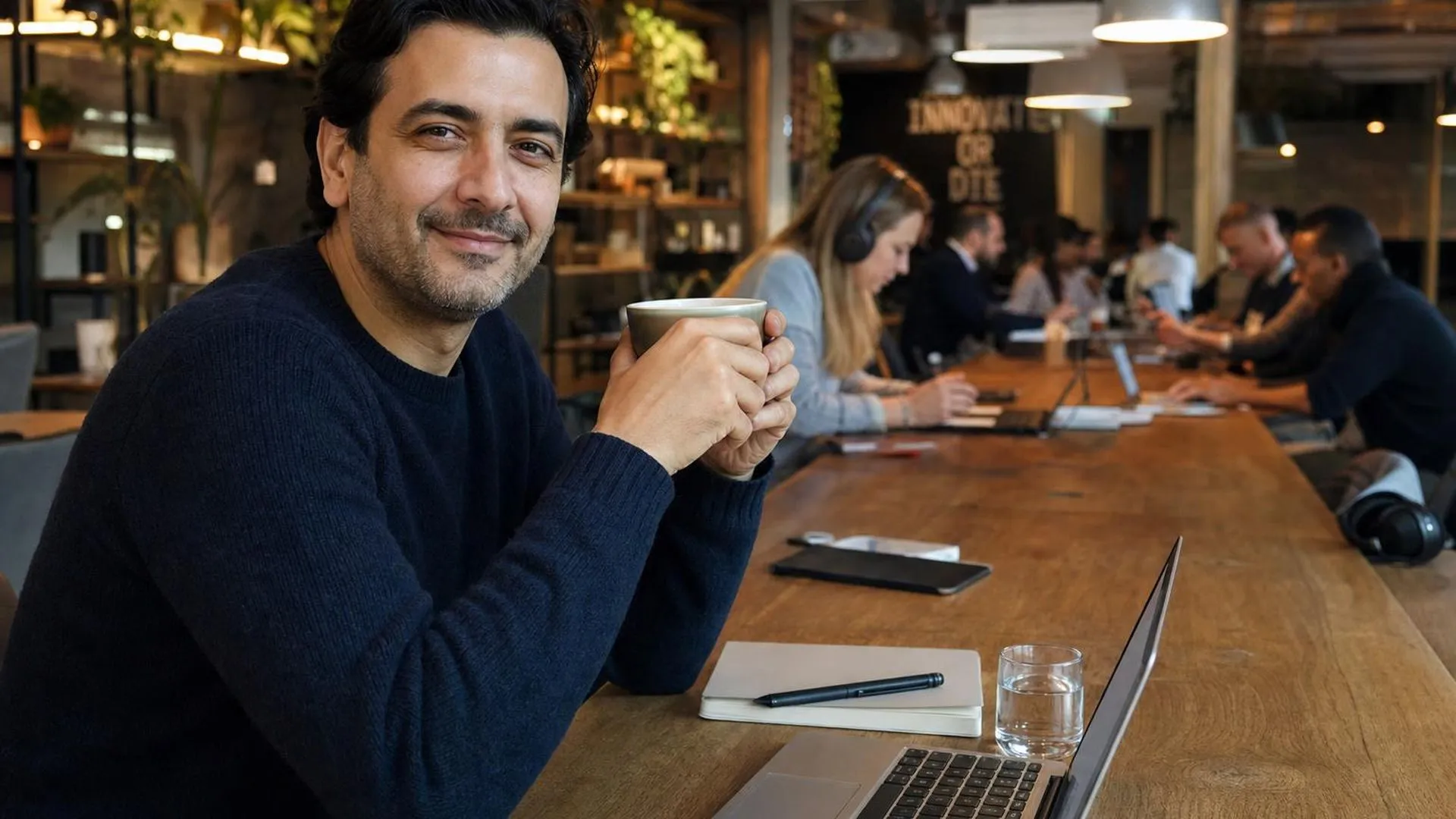 Leidinggevende die even pauzeert aan een lange werktafel in een café