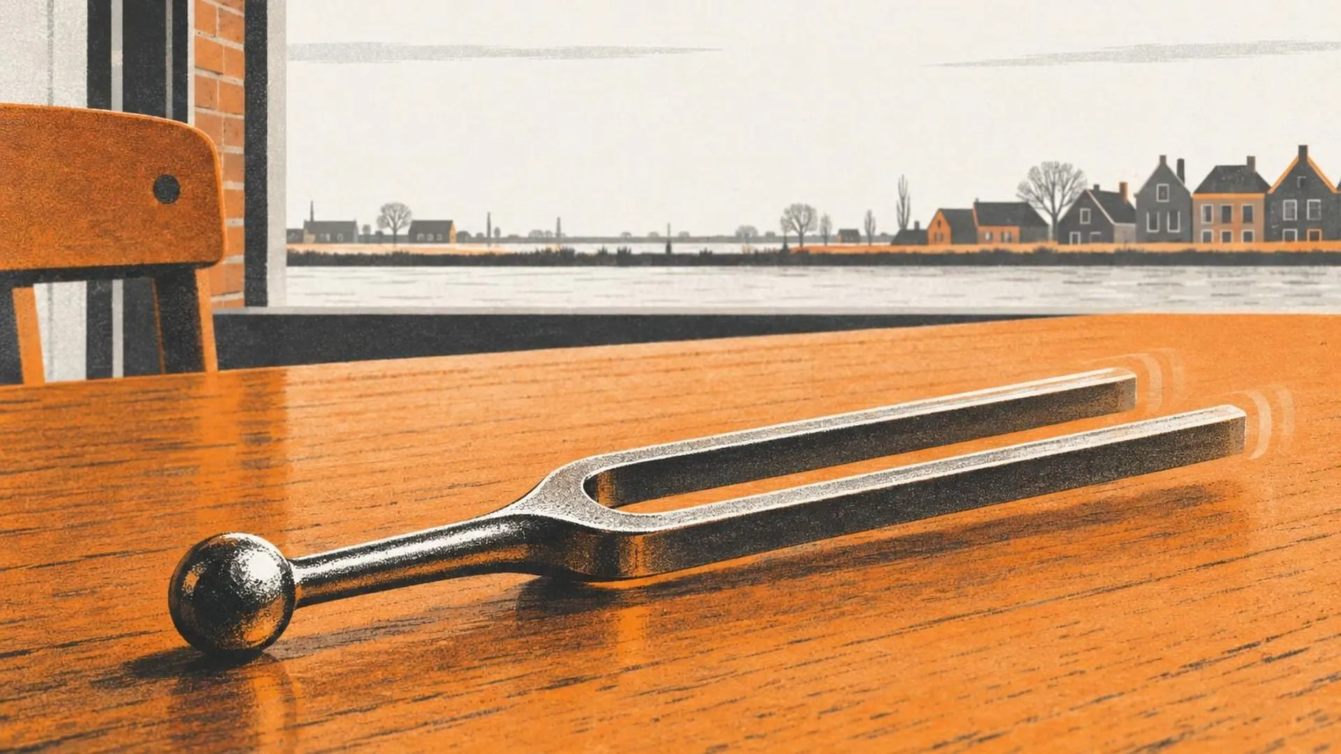 Een stemvork op een houten tafel waarvan de punten nog nagenoeg trillen.