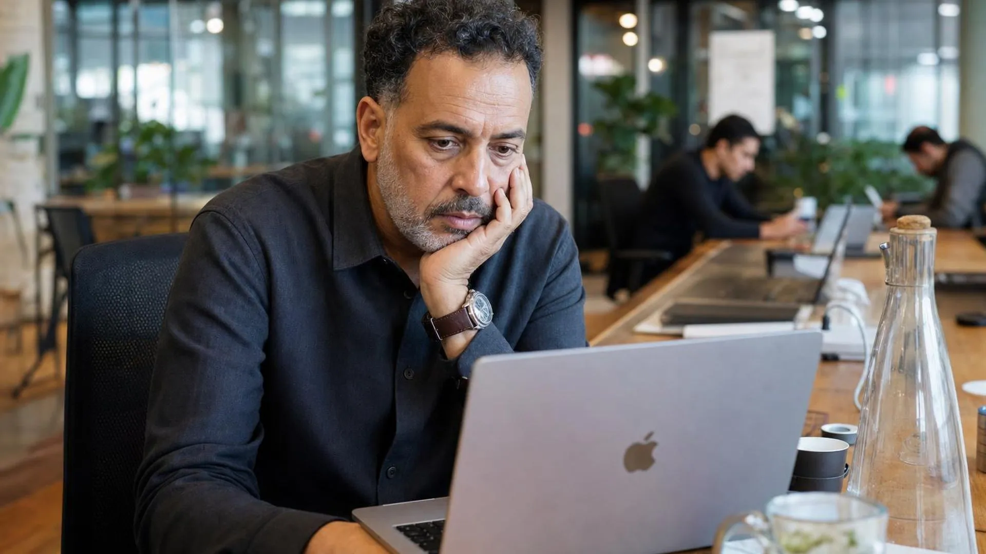 Medewerker kijkt afwezig naar laptop op kantoor