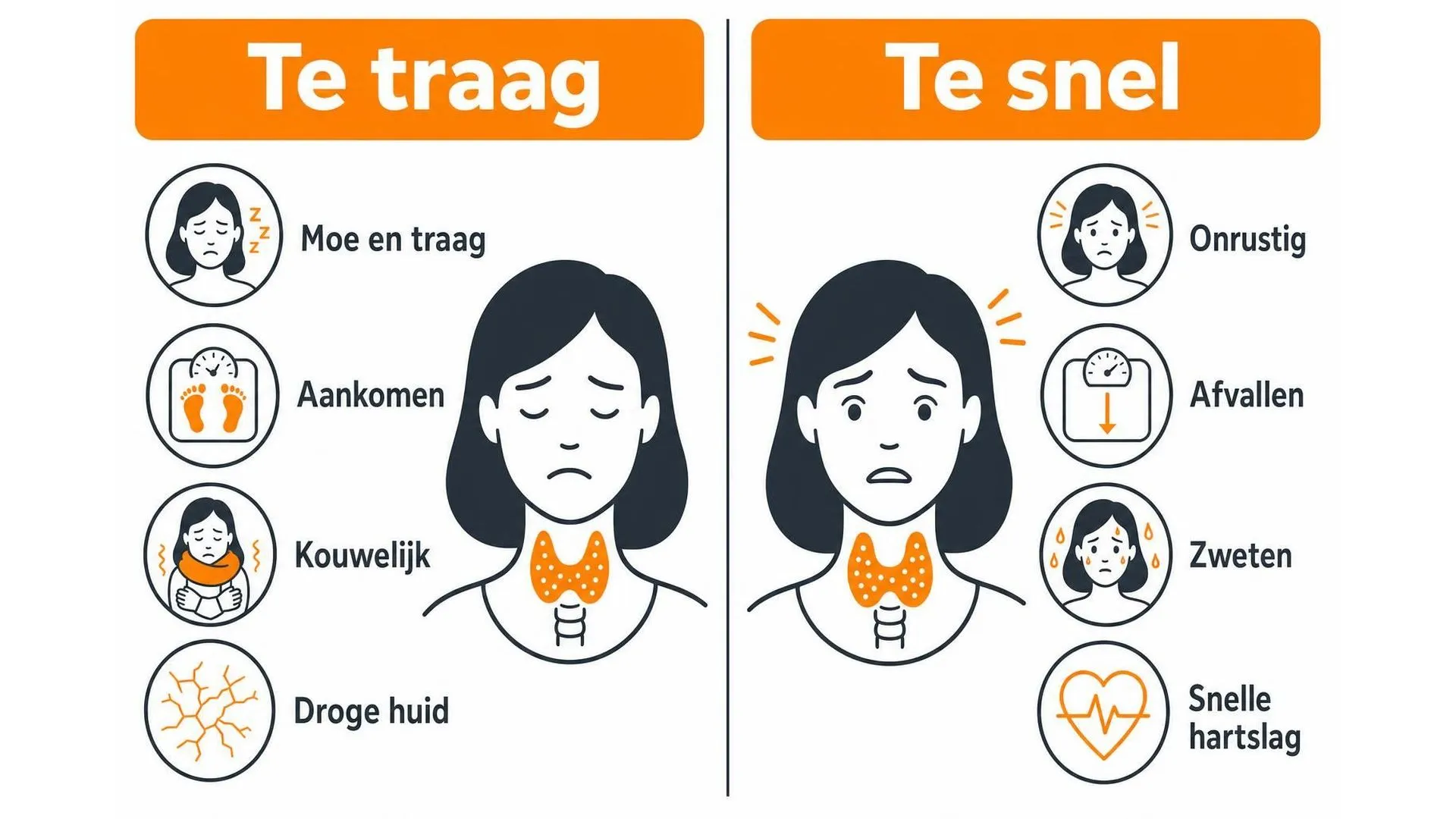Vergelijking van klachten bij een te traag werkende en een te snel werkende schildklier