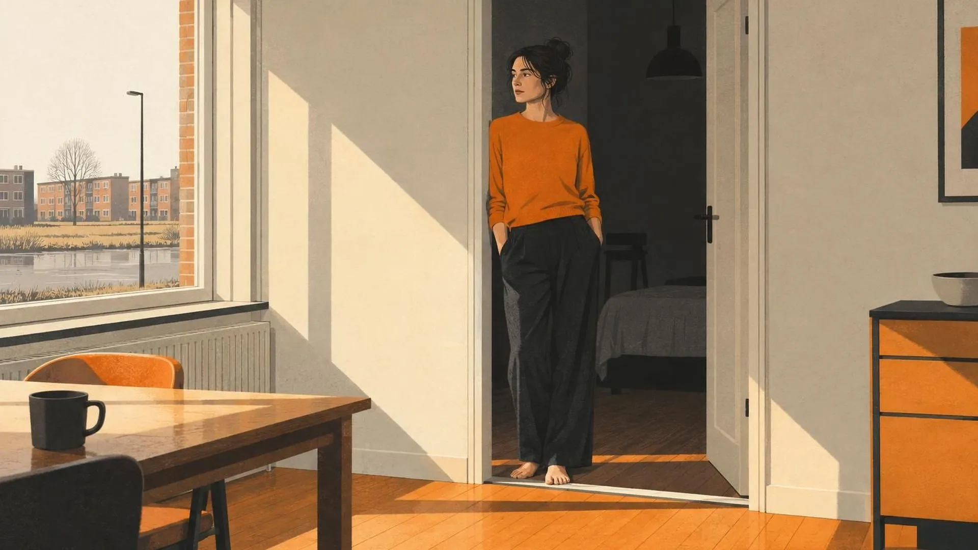 Een figuur staat stil in een deuropening tussen een zonverlichte kamer en een donkerdere kamer erachter, in een Nederlands grachtenpand.