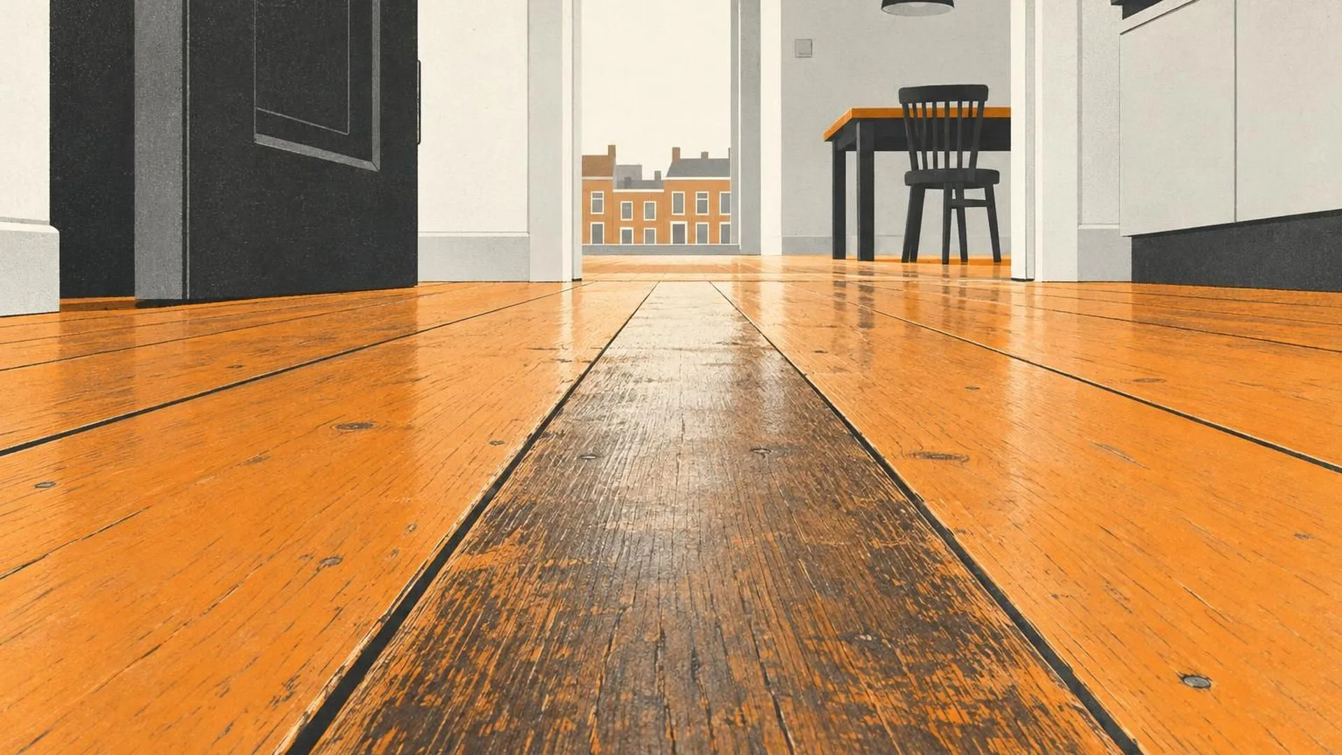 Een uitvergrote close-up van één versleten plank in een verder gelijke houten vloer.