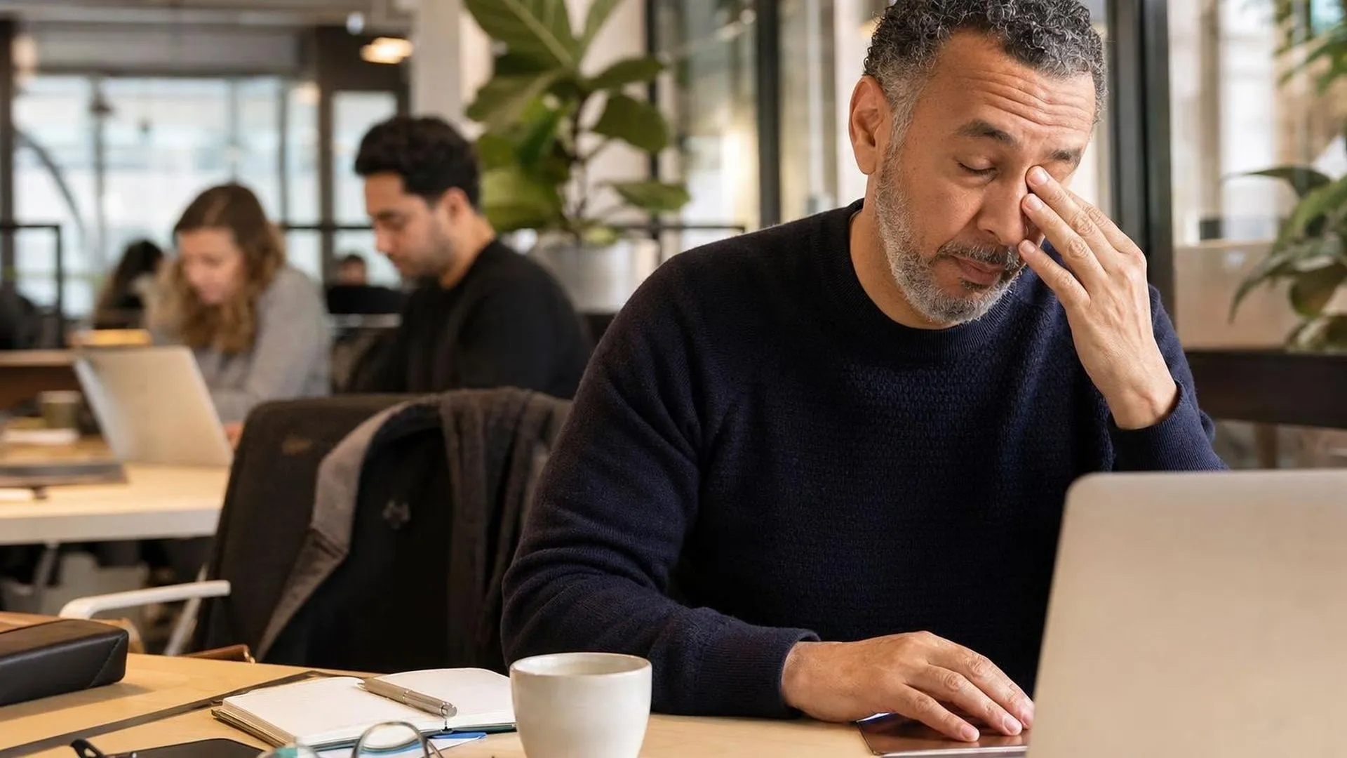 Persoon die oog wrijft aan een werktafel, mogelijk door vermoeidheid of stress