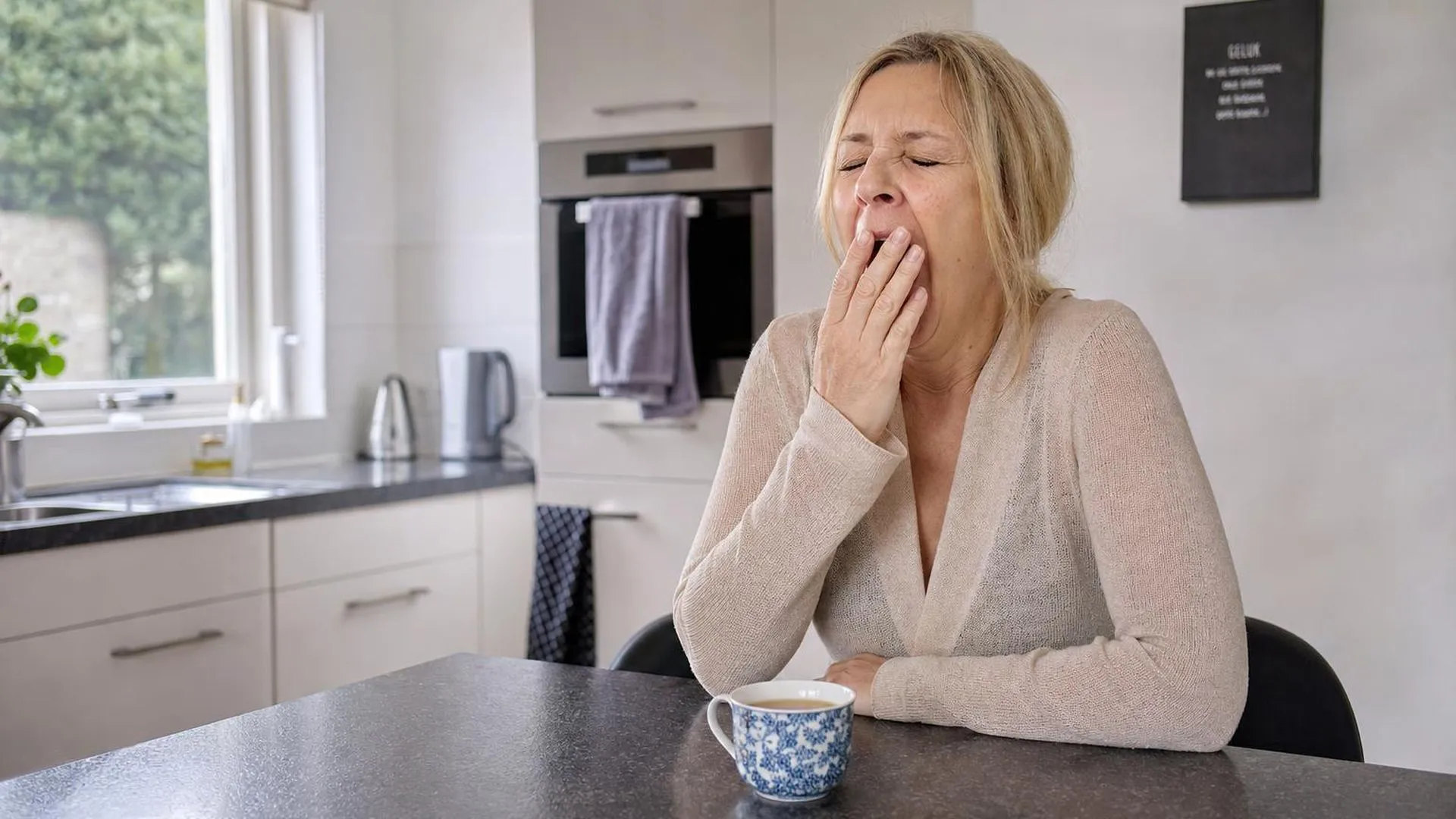 Persoon gaapt uitgeput aan het keukenaanrecht terwijl de ochtend begint