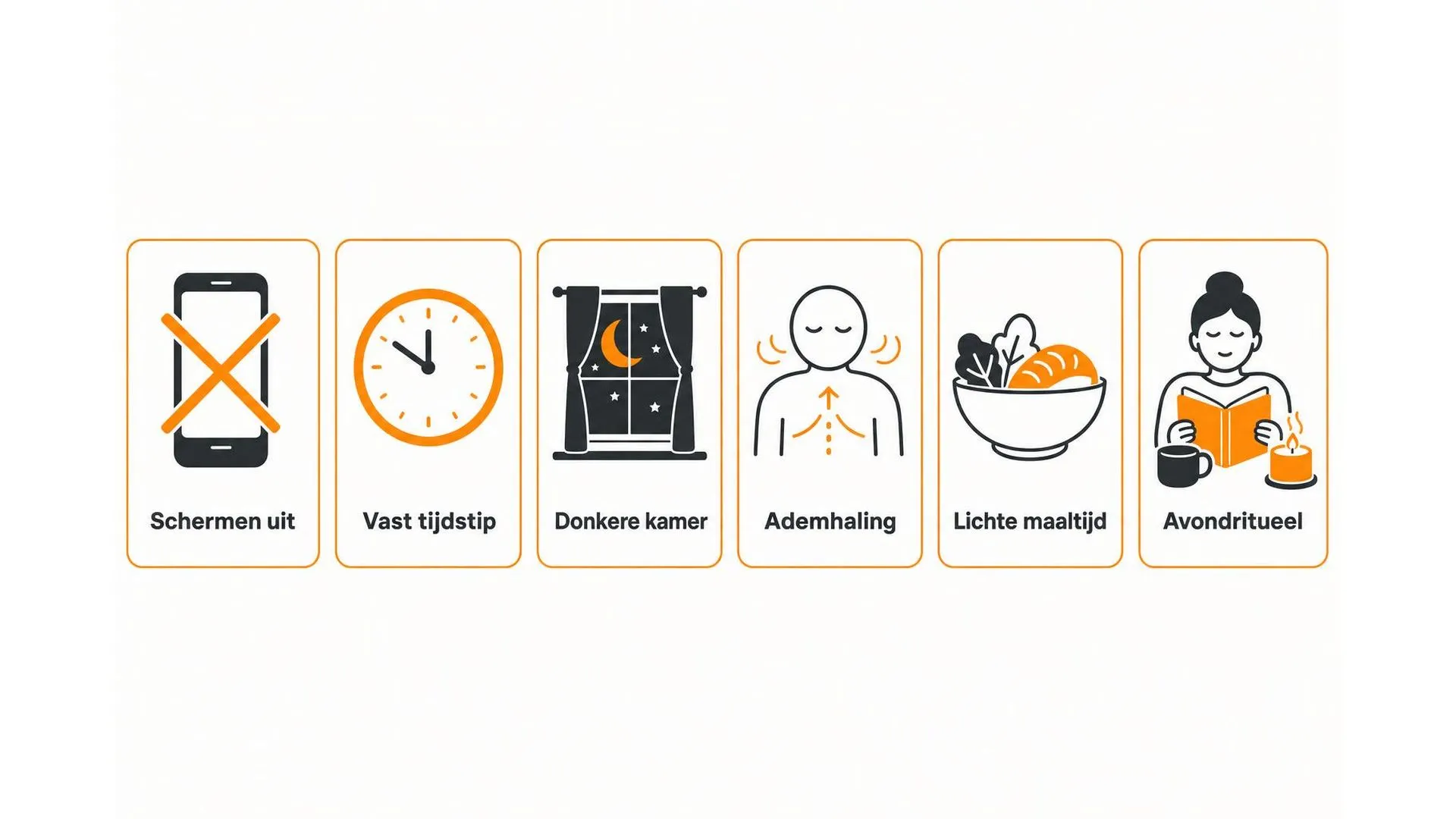 Zes tips voor betere slaap weergegeven als icoontjeskaarten